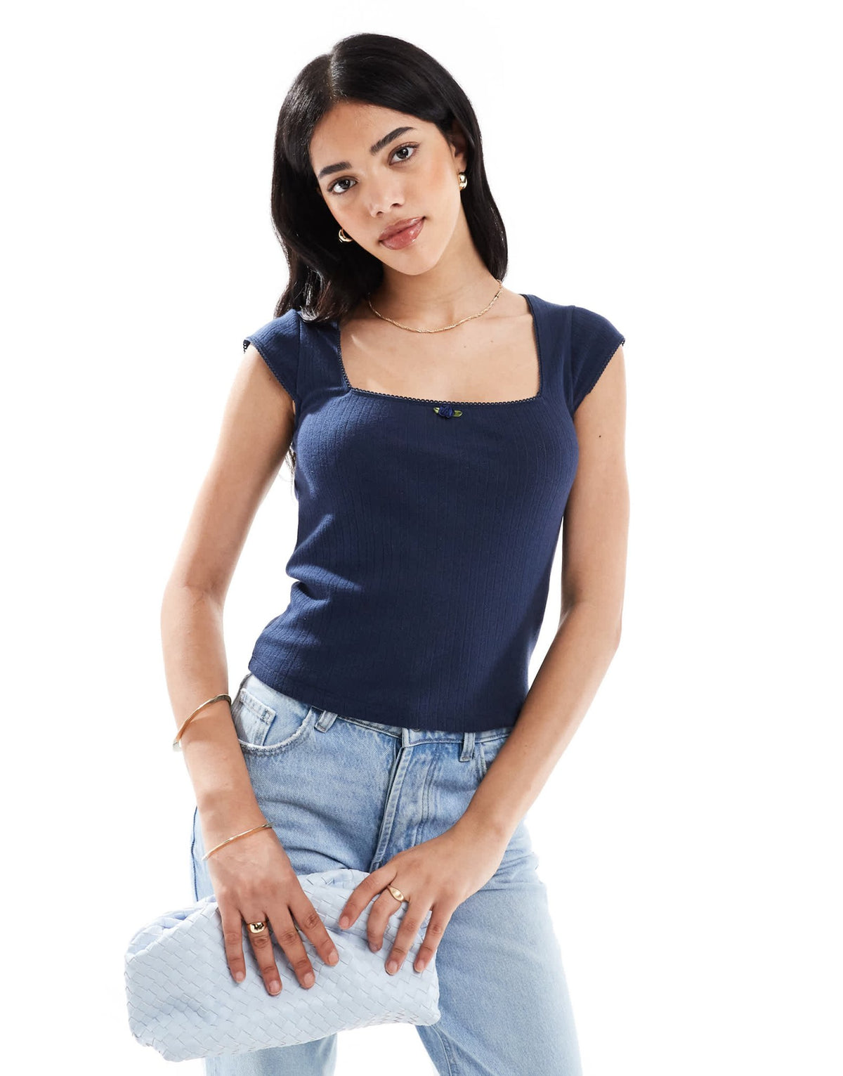Hollister square neck pointelle t-shirt in navy - ASOS Sample Sale
