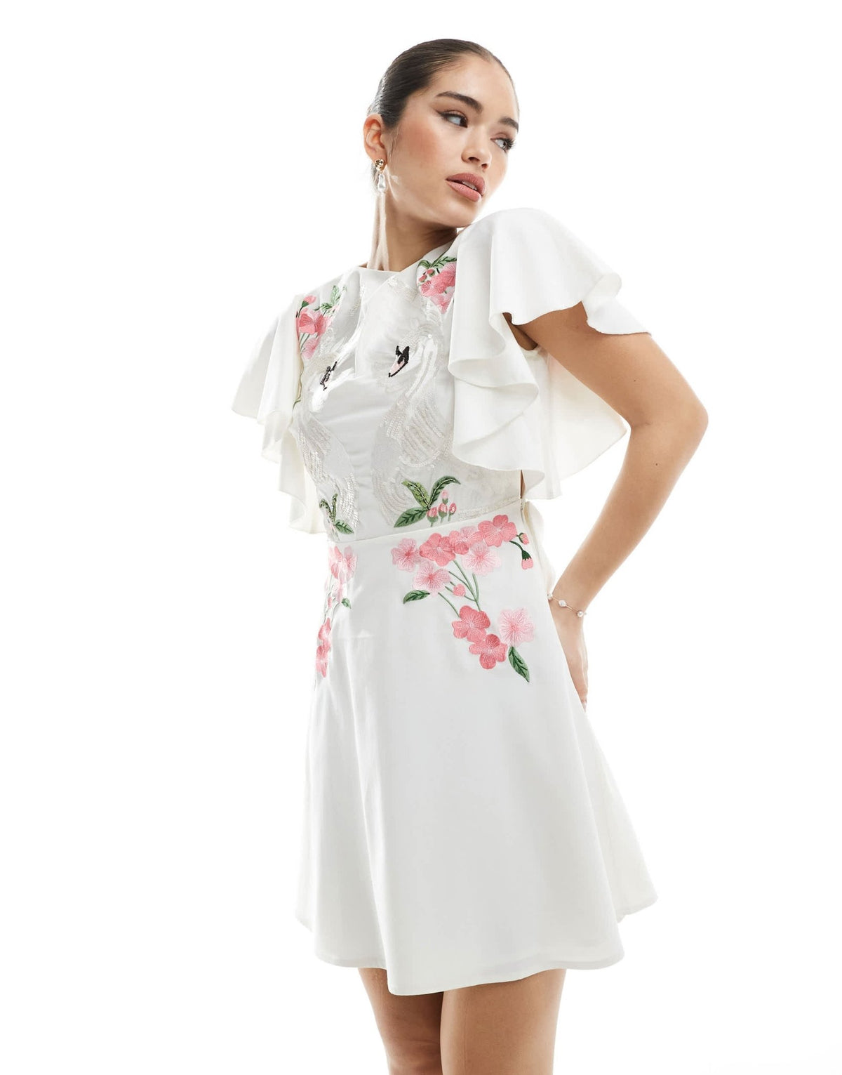 Hope & Ivy Bridal swan embellished open back mini dress in ivory - ASOS Sample Sale