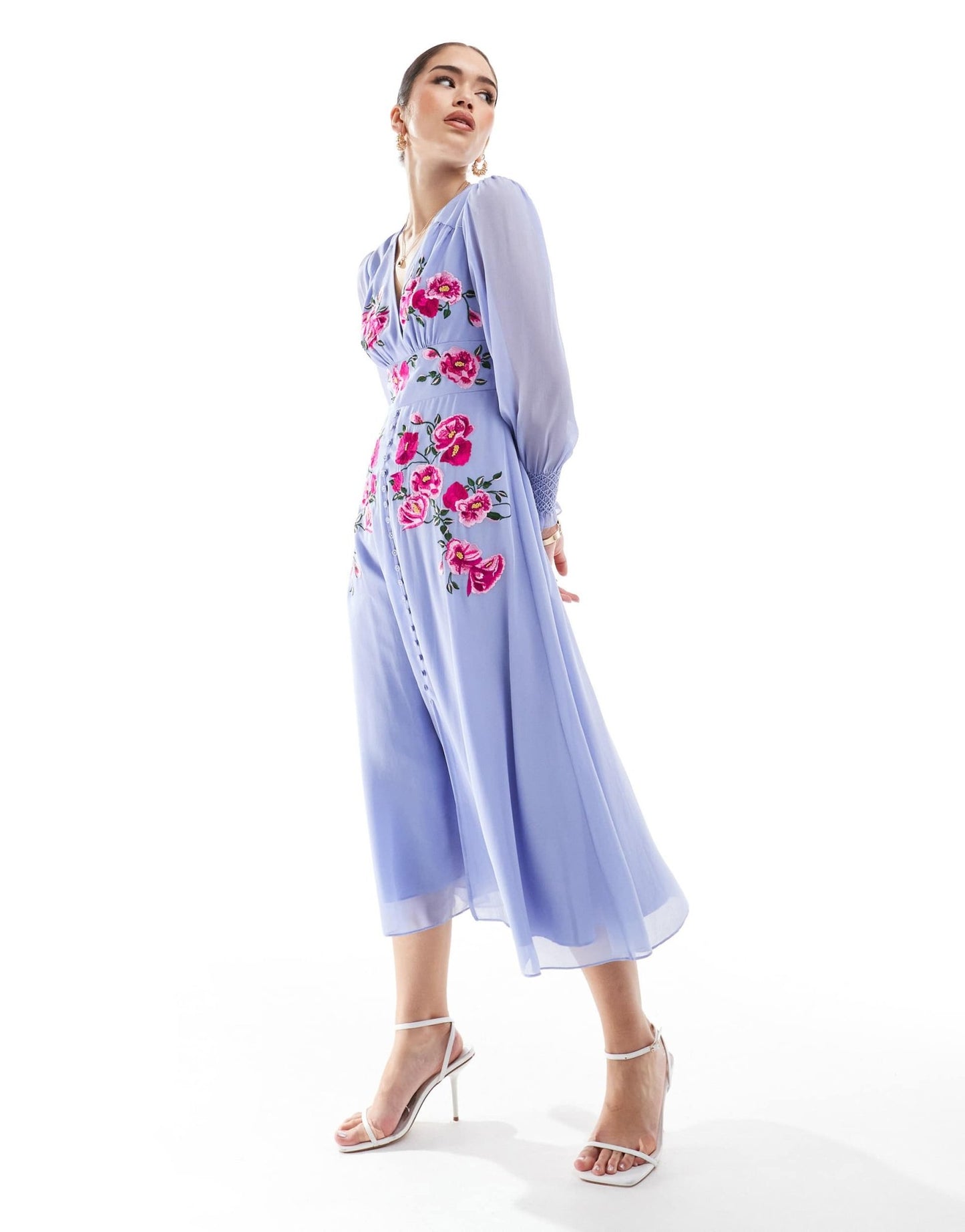 Hope & Ivy embroidered long sleeve button front midi dress in lilac - ASOS Sample Sale