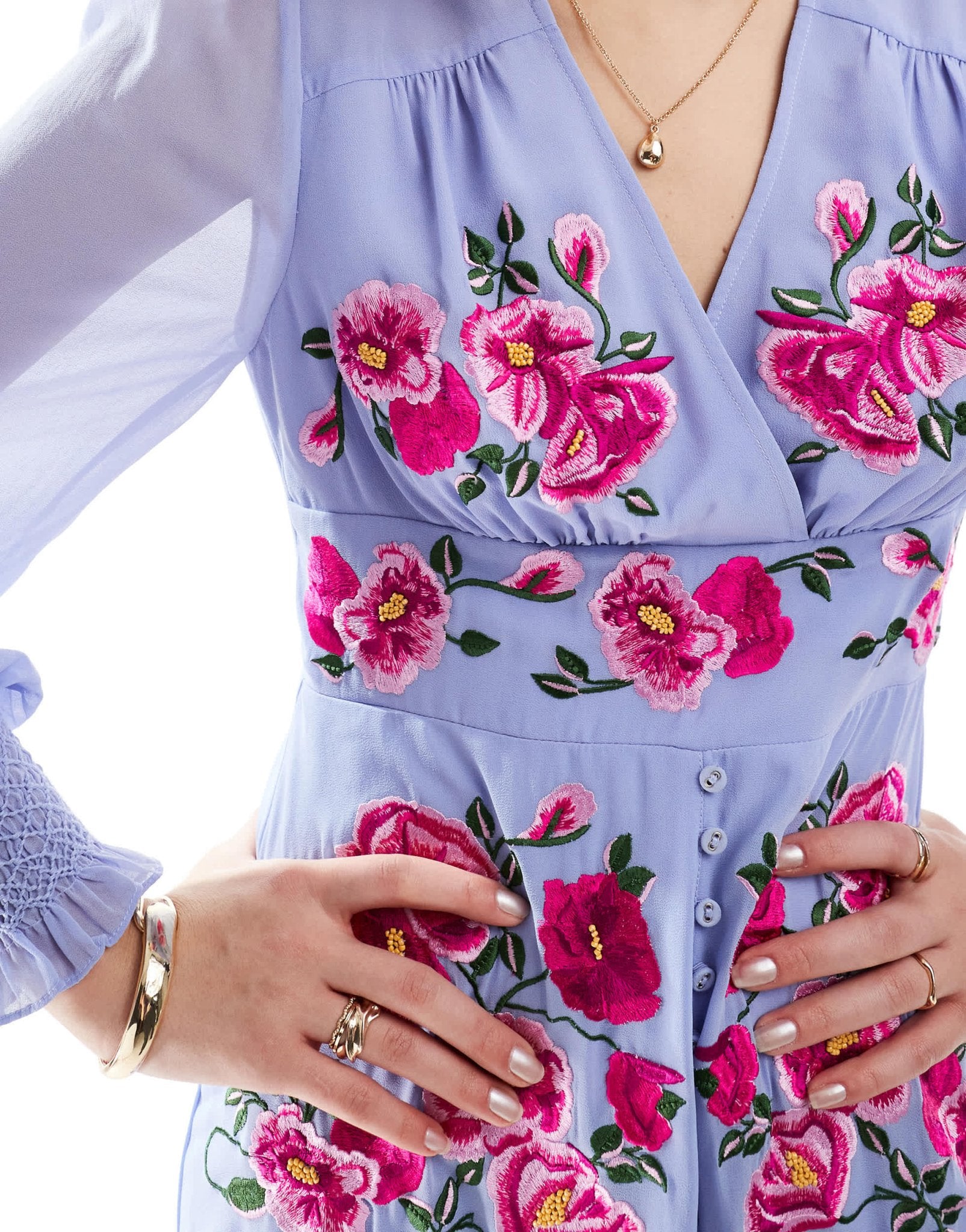 Hope & Ivy embroidered long sleeve button front midi dress in lilac - ASOS Sample Sale