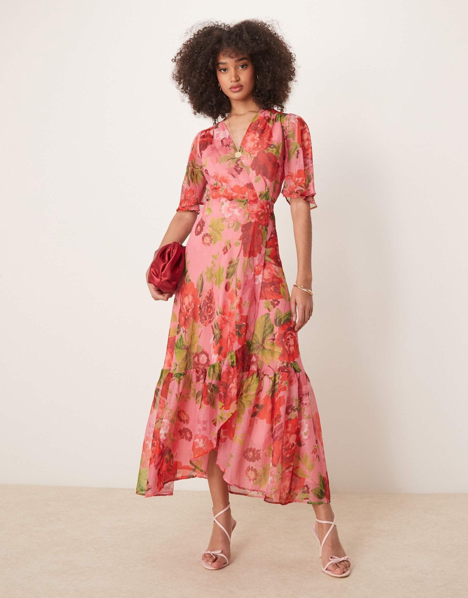 Hope & Ivy flutter sleeve maxi wrap dress with tie waist in red multi - ASOS Sample Sale