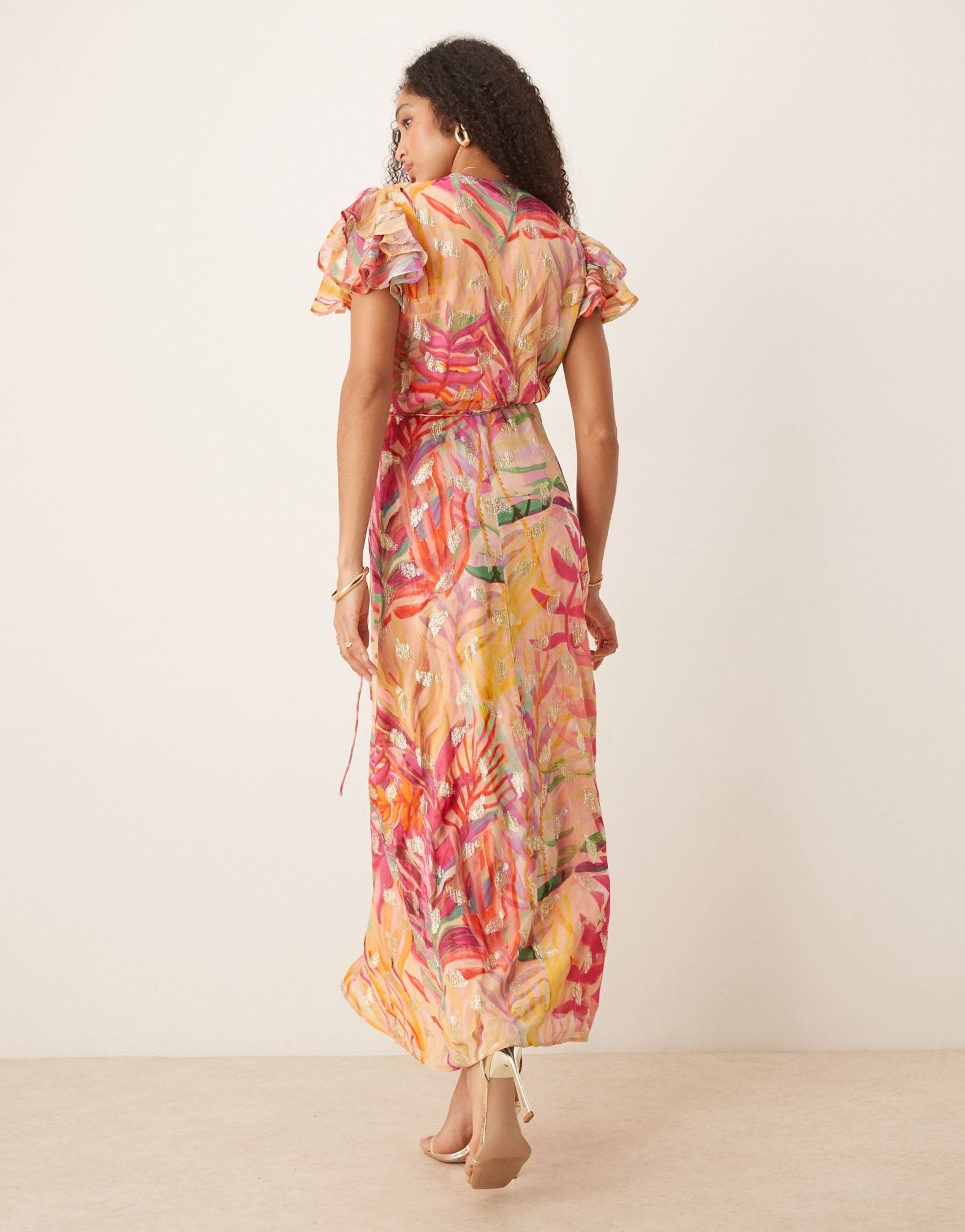 Hope & Ivy frill sleeve maxi wrap dress in coral with gold fleck - ASOS Sample Sale
