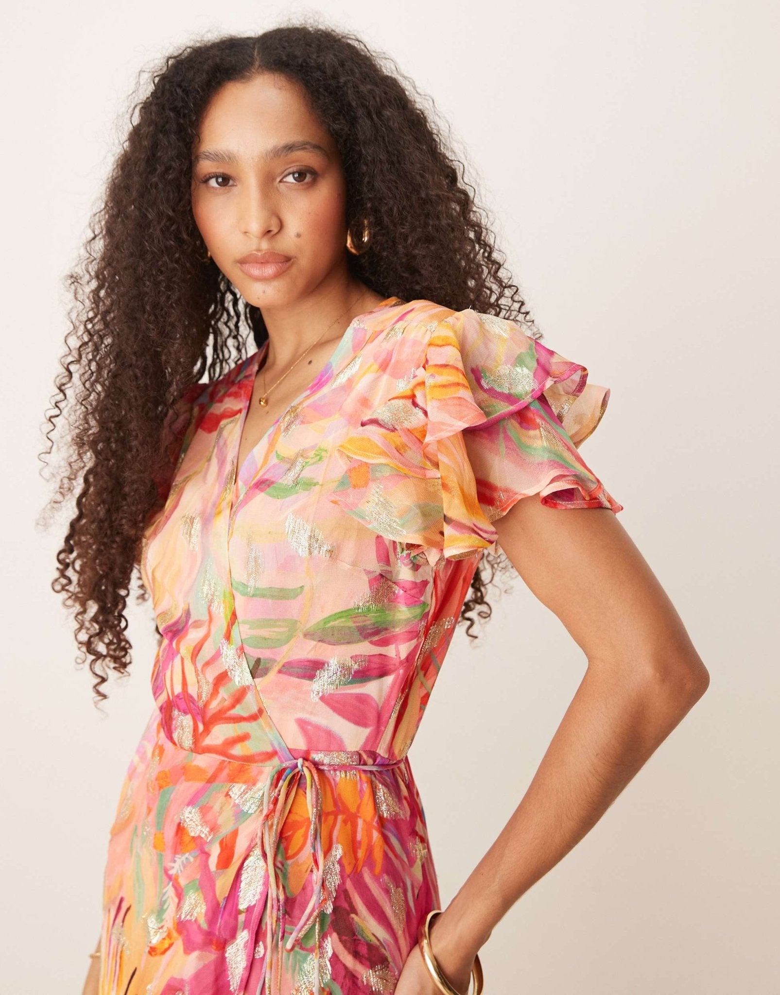 Hope & Ivy frill sleeve maxi wrap dress in coral with gold fleck - ASOS Sample Sale