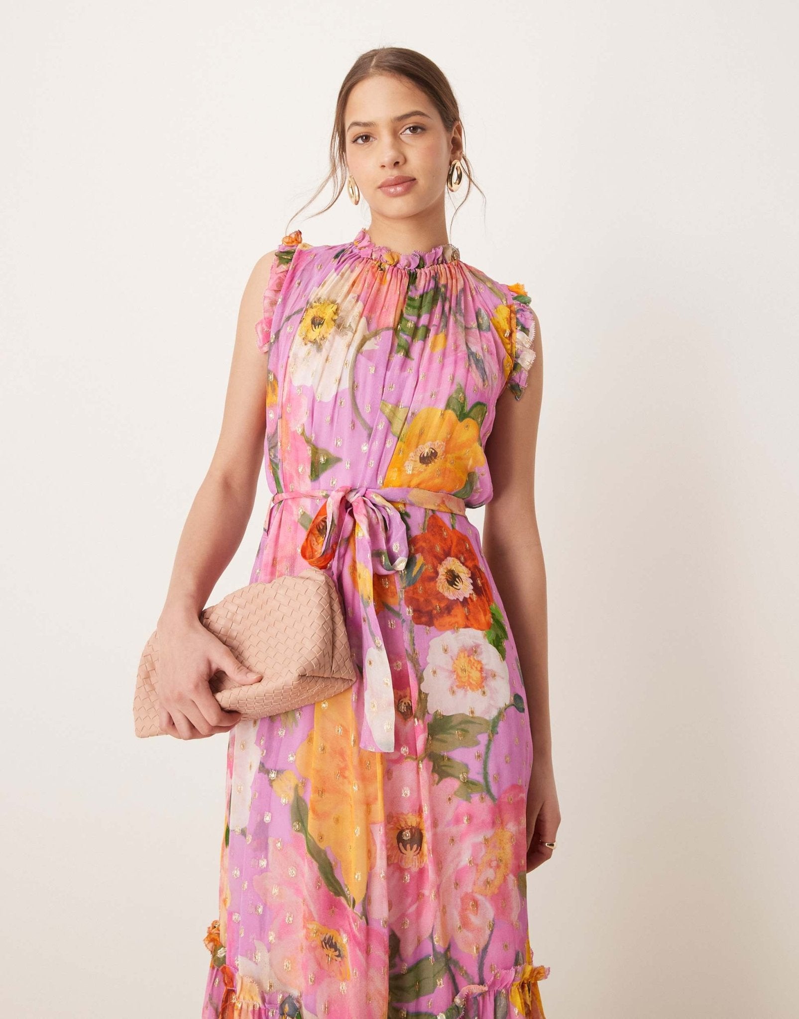 Hope & Ivy high neck ruffle midi dress with tie waist in pink print - ASOS Sample Sale