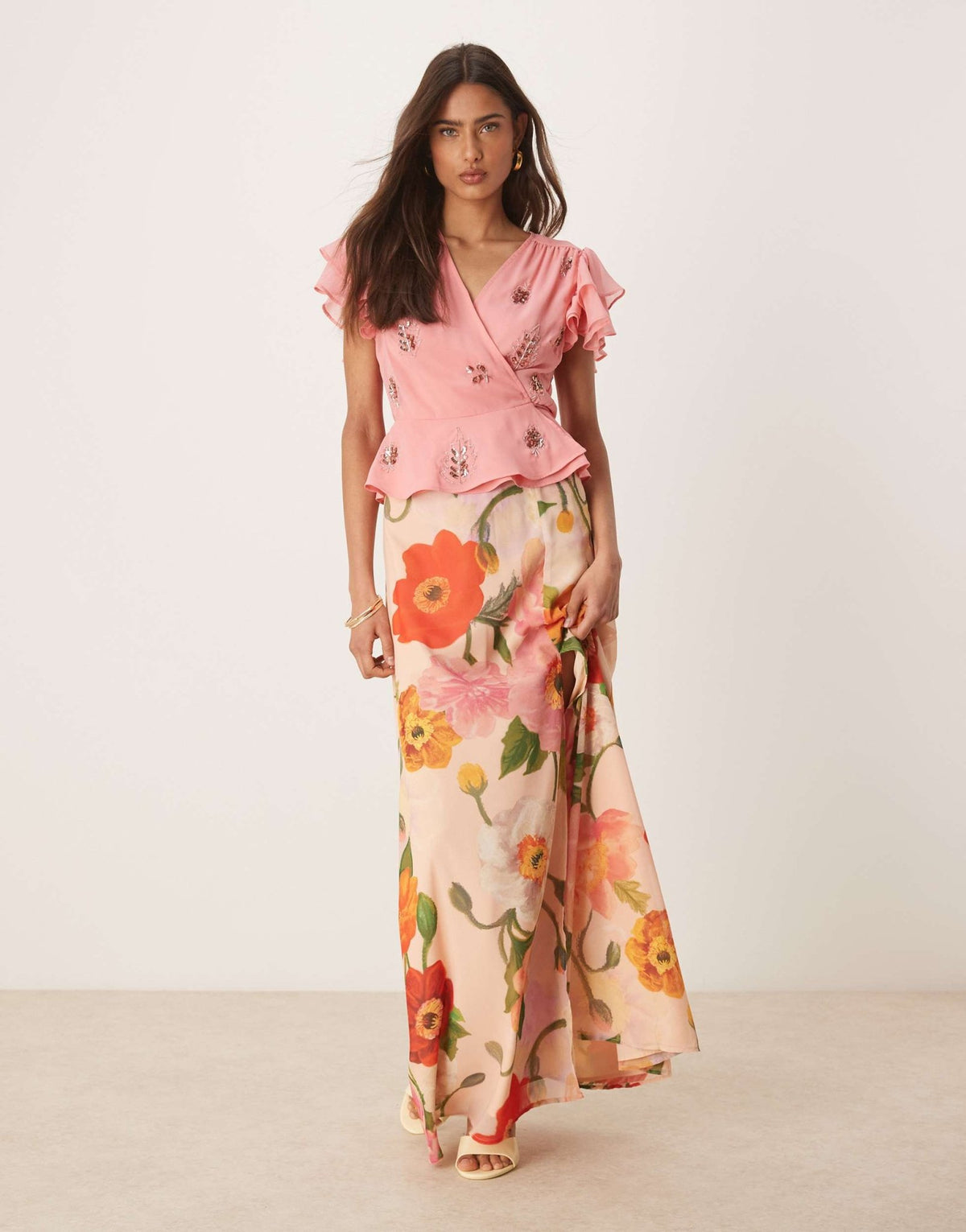 Hope & Ivy high waisted thigh split maxi skirt co-ord in pink multi - ASOS Sample Sale