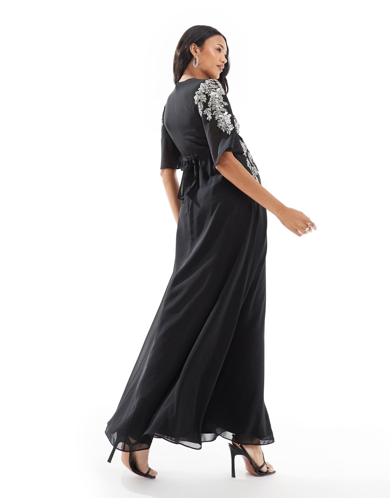 Hope & Ivy Maternity flutter sleeve embellished maxi dress in black - ASOS Sample Sale