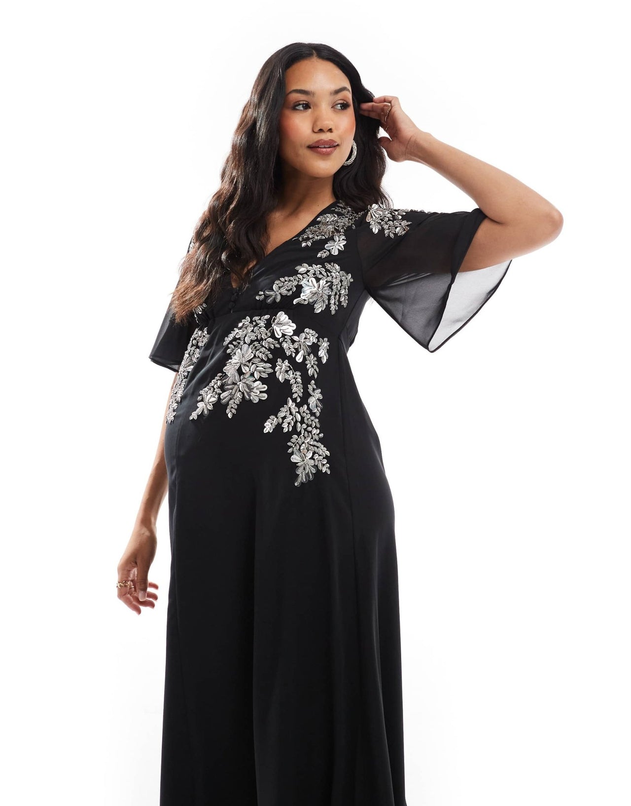 Hope & Ivy Maternity flutter sleeve embellished maxi dress in black - ASOS Sample Sale