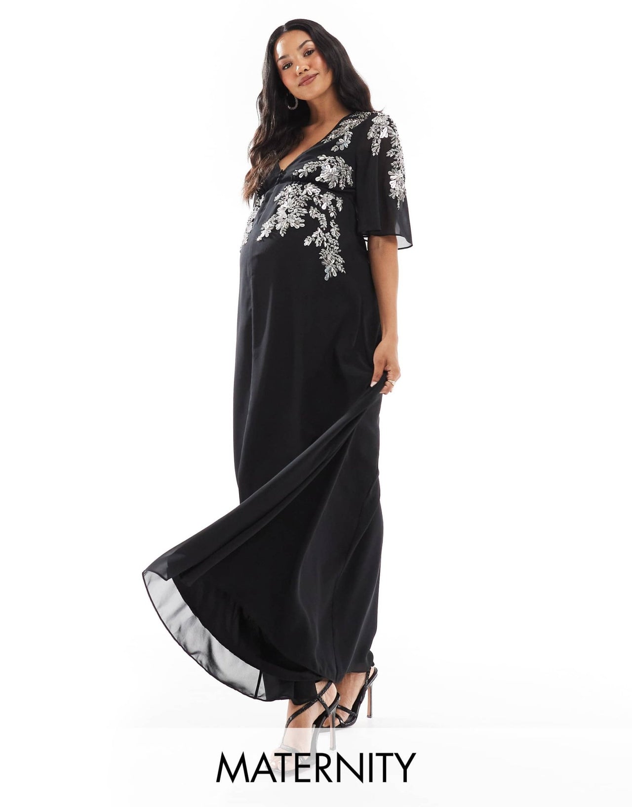 Hope & Ivy Maternity flutter sleeve embellished maxi dress in black - ASOS Sample Sale