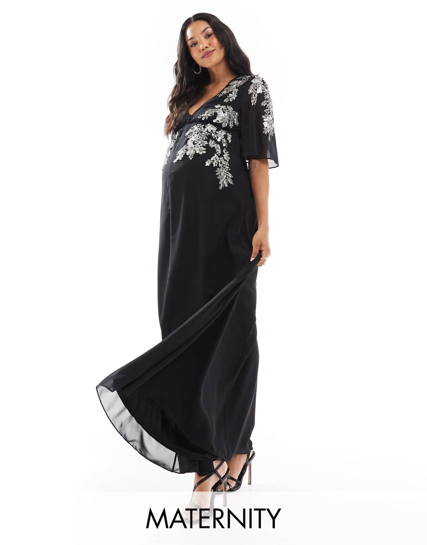 Hope & Ivy Maternity flutter sleeve embellished maxi dress in black - ASOS Sample Sale