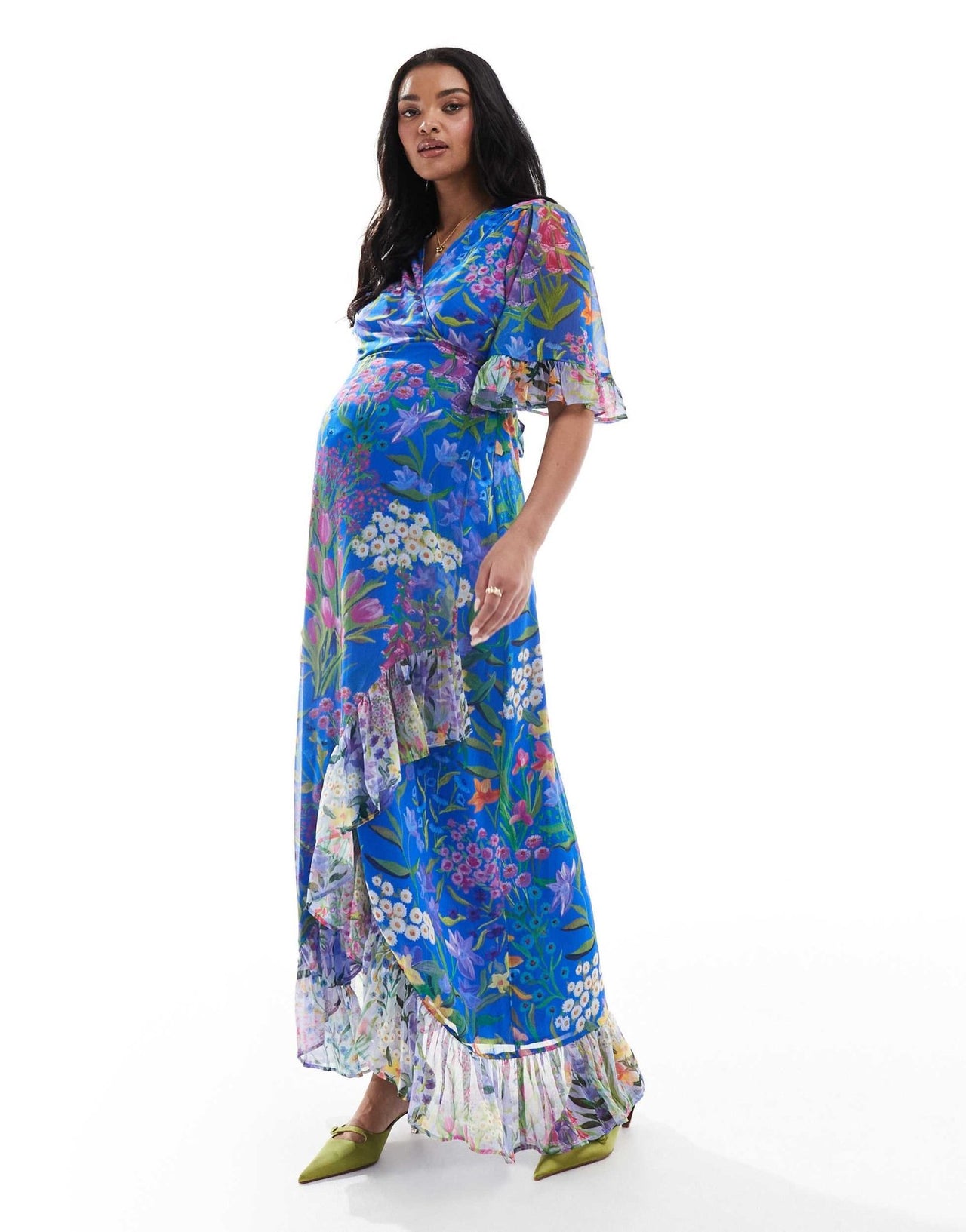 Hope & Ivy Maternity frill sleeve maxi wrap dress with tie waist in blue print - ASOS Sample Sale