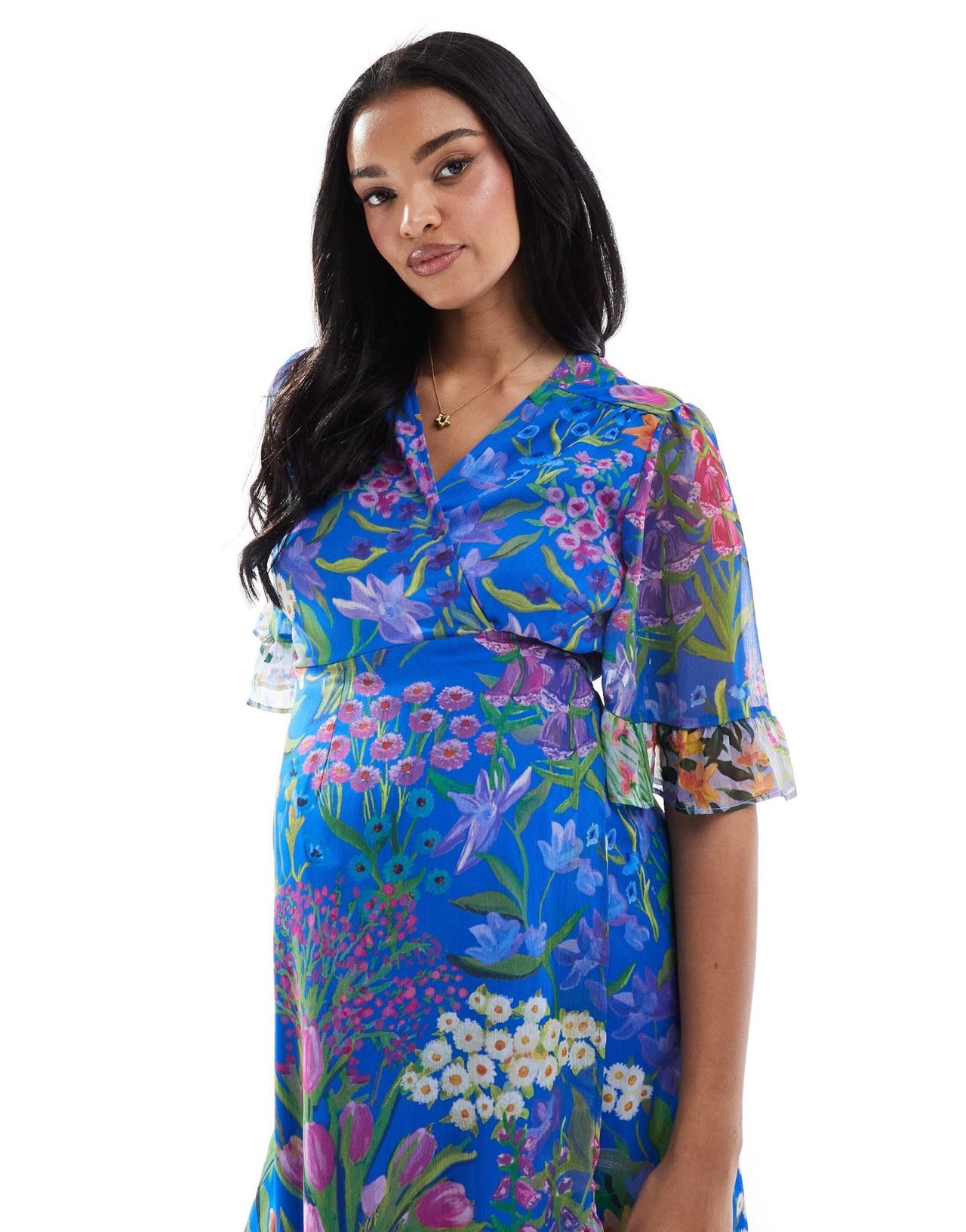 Hope & Ivy Maternity frill sleeve maxi wrap dress with tie waist in blue print - ASOS Sample Sale