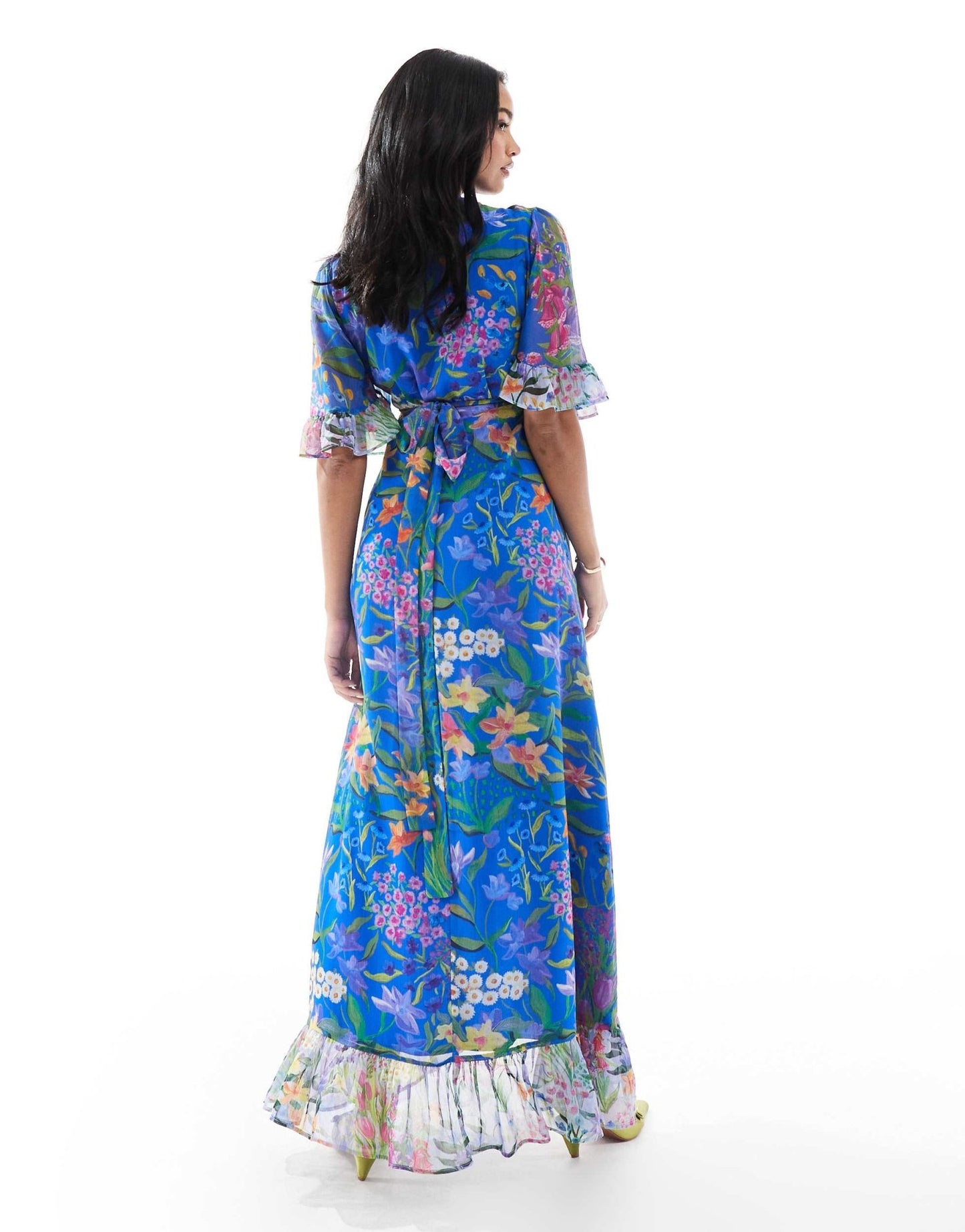 Hope & Ivy Maternity frill sleeve maxi wrap dress with tie waist in blue print - ASOS Sample Sale
