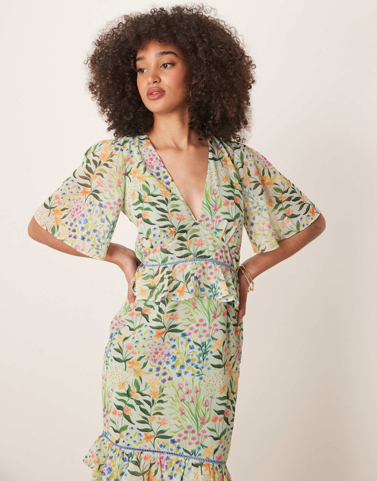 Hope & Ivy midi tea dress with peplum waist in green print - ASOS Sample Sale