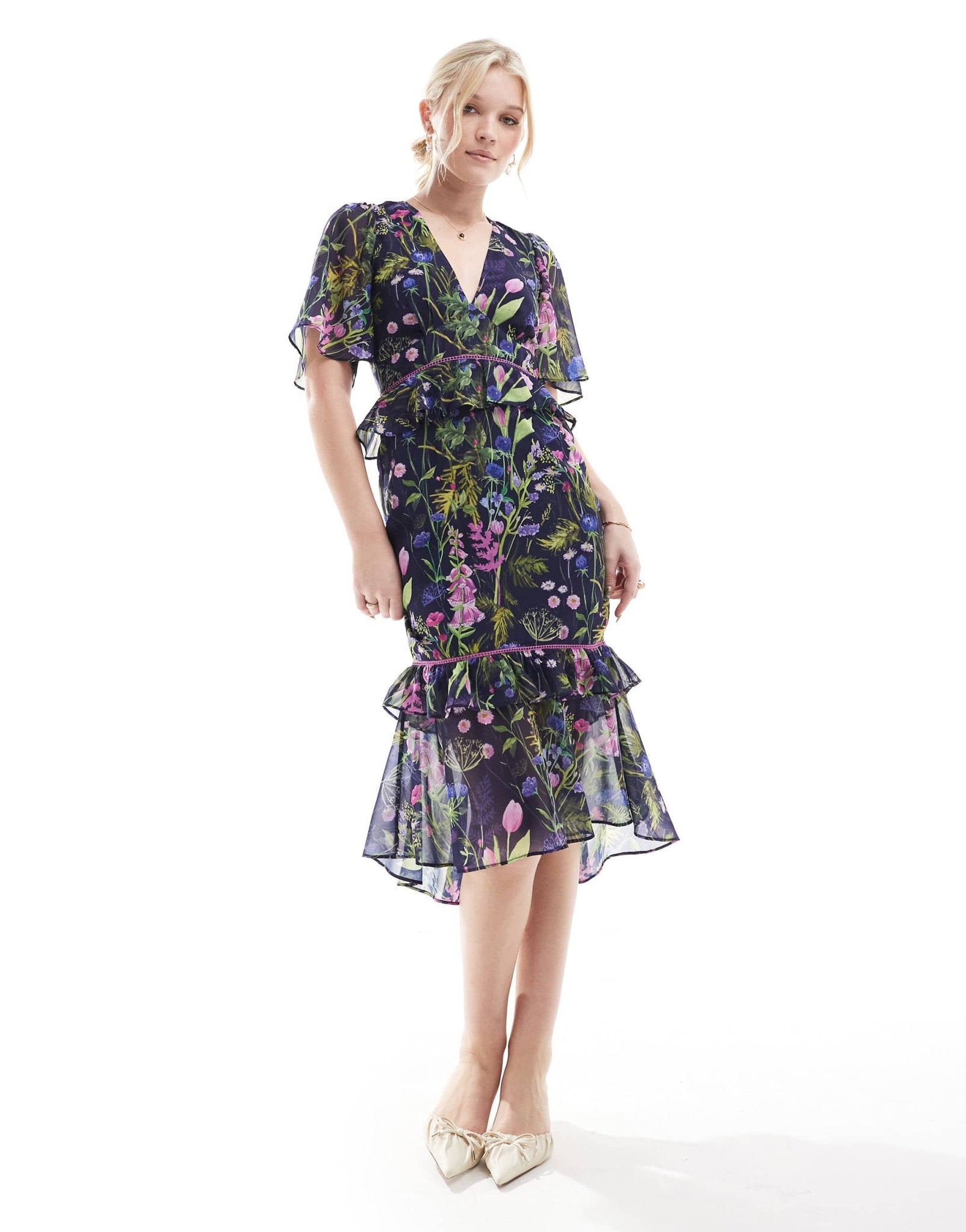 Hope & Ivy midi tea dress with peplum waist in navy print - ASOS Sample Sale