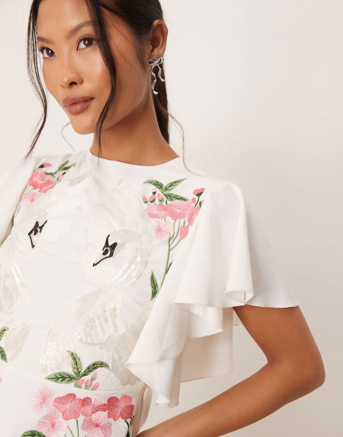 Hope & Ivy Petite swan embellished open back mini dress in ivory - ASOS Sample Sale
