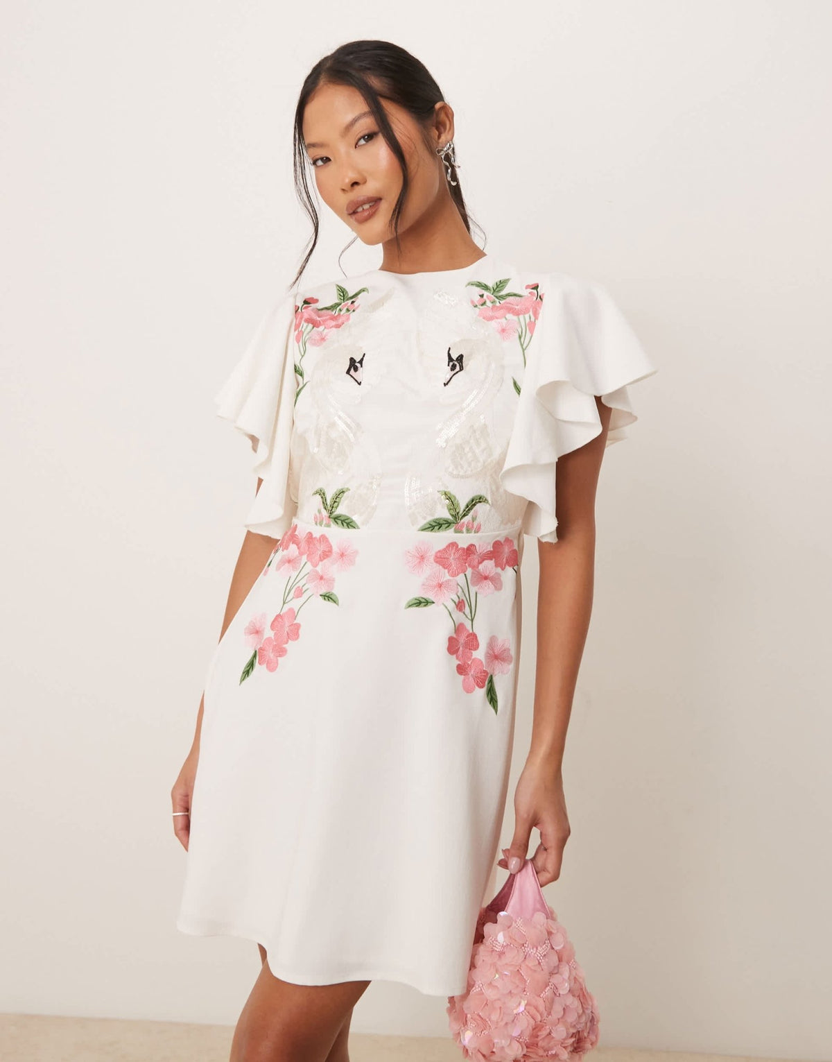 Hope & Ivy Petite swan embellished open back mini dress in ivory - ASOS Sample Sale
