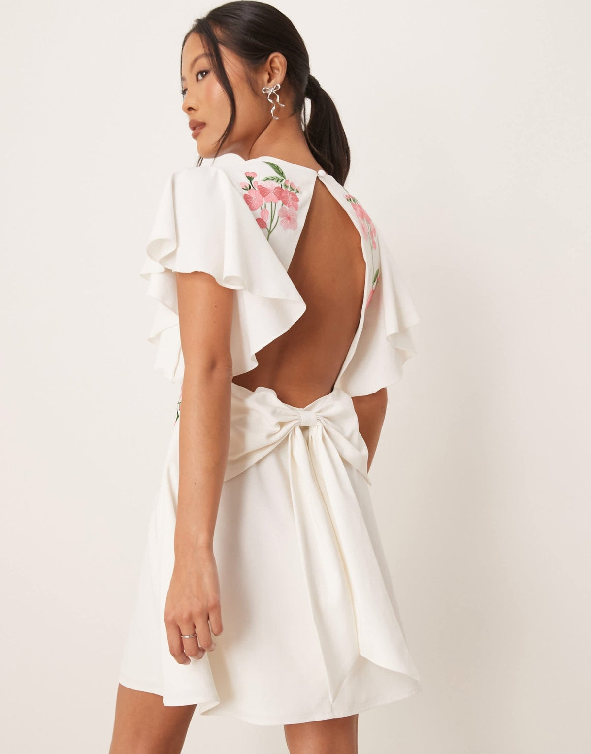 Hope & Ivy Petite swan embellished open back mini dress in ivory - ASOS Sample Sale