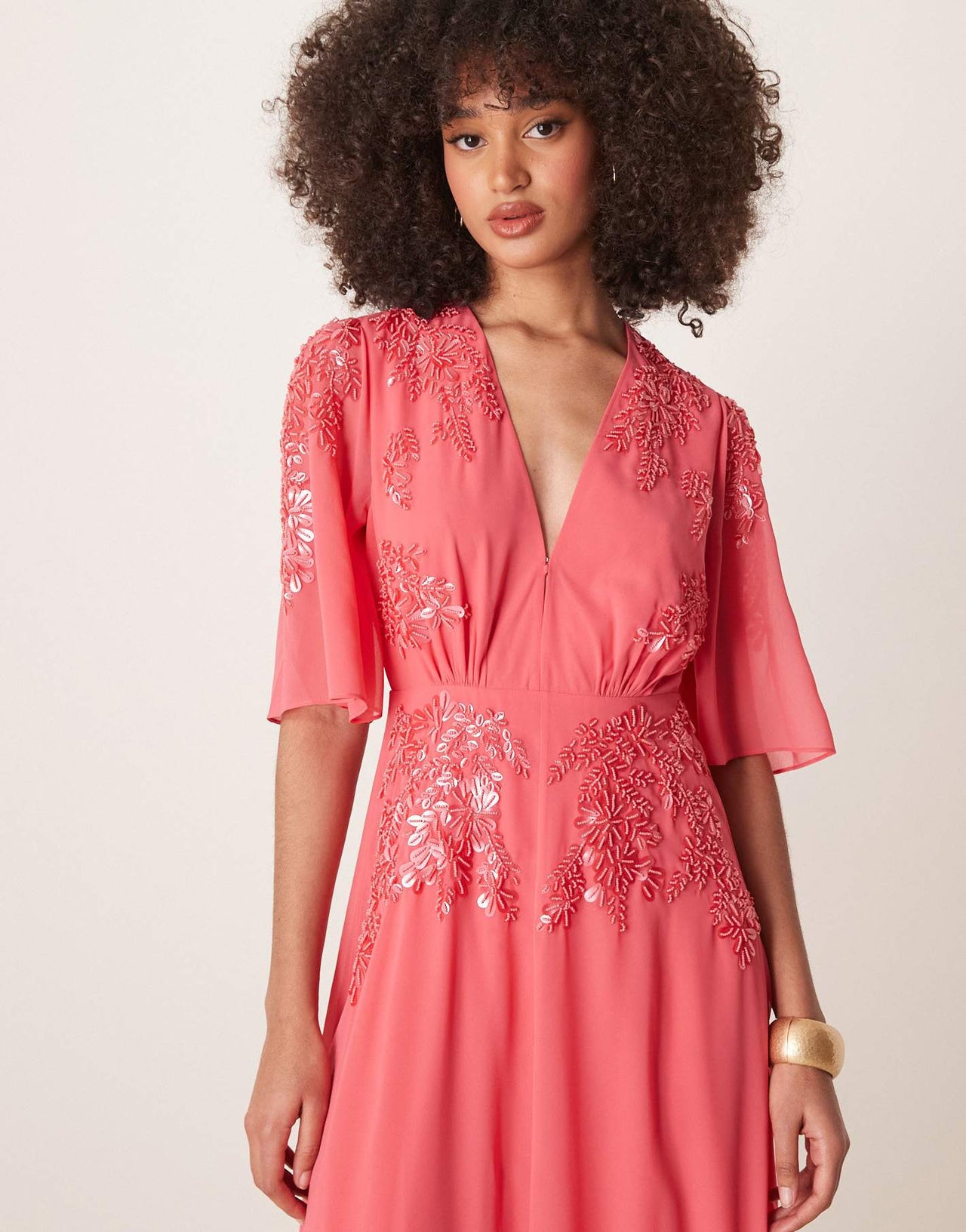 Hope & Ivy plunge front embellished maxi dress in coral - ASOS Sample Sale