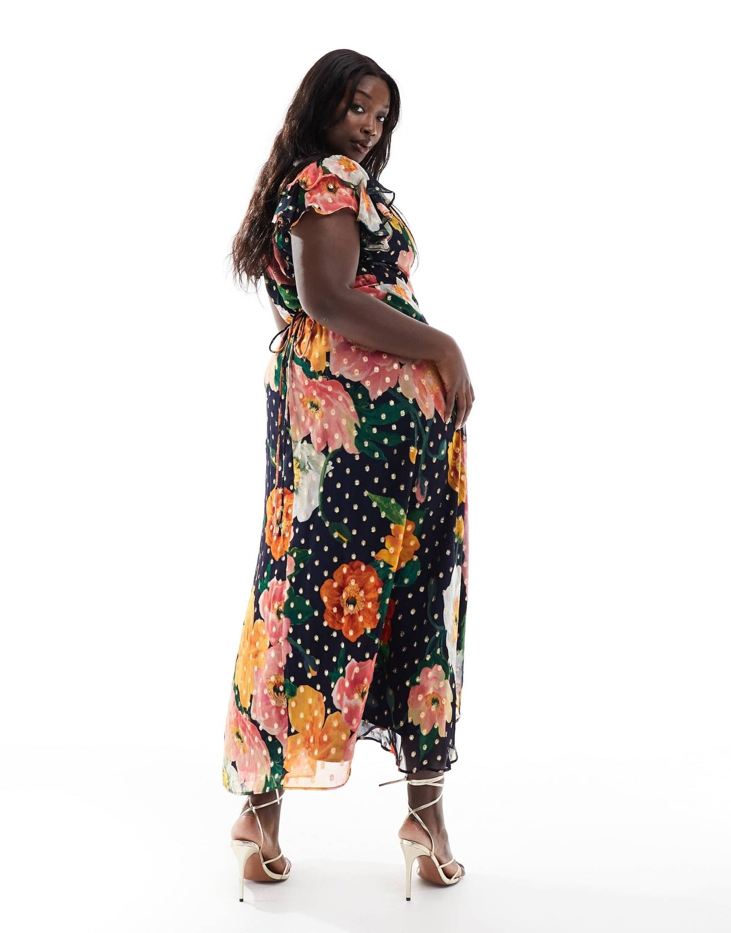 Hope & Ivy Plus frill sleeve midaxi wrap dress with tie waist in navy floral - ASOS Sample Sale