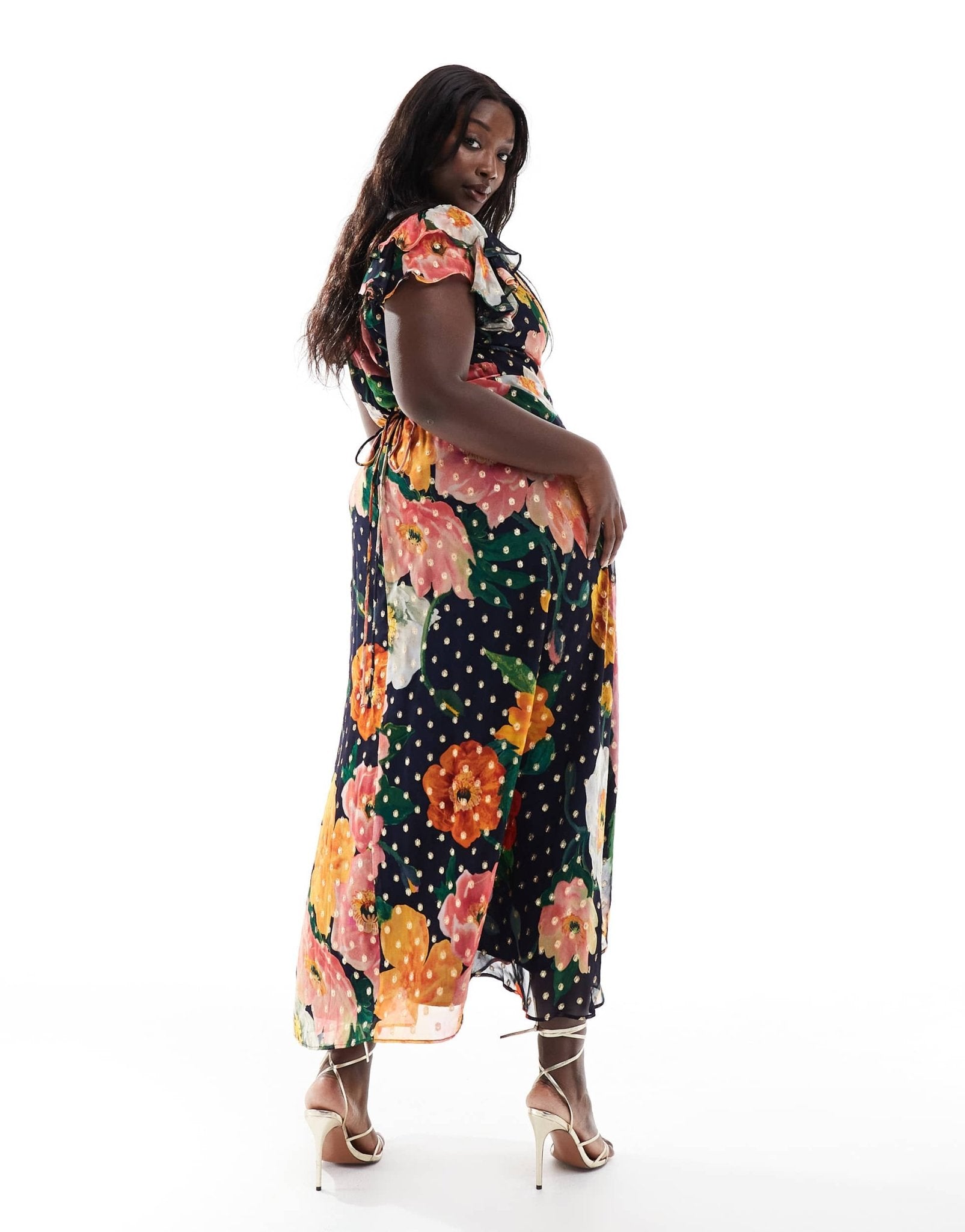 Hope & Ivy Plus frill sleeve midaxi wrap dress with tie waist in navy floral - ASOS Sample Sale