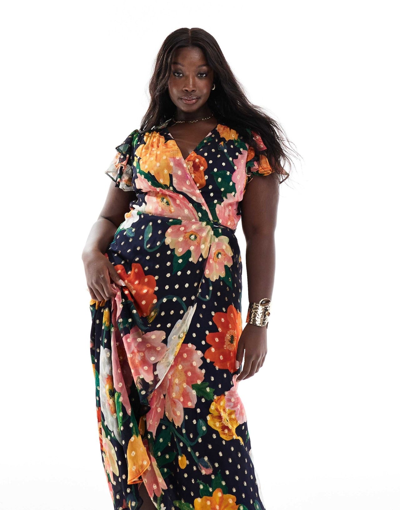 Hope & Ivy Plus frill sleeve midaxi wrap dress with tie waist in navy floral - ASOS Sample Sale