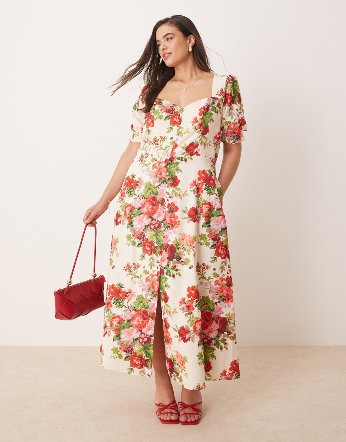 Hope & Ivy Plus square neck open back midi dress in white red floral - ASOS Sample Sale