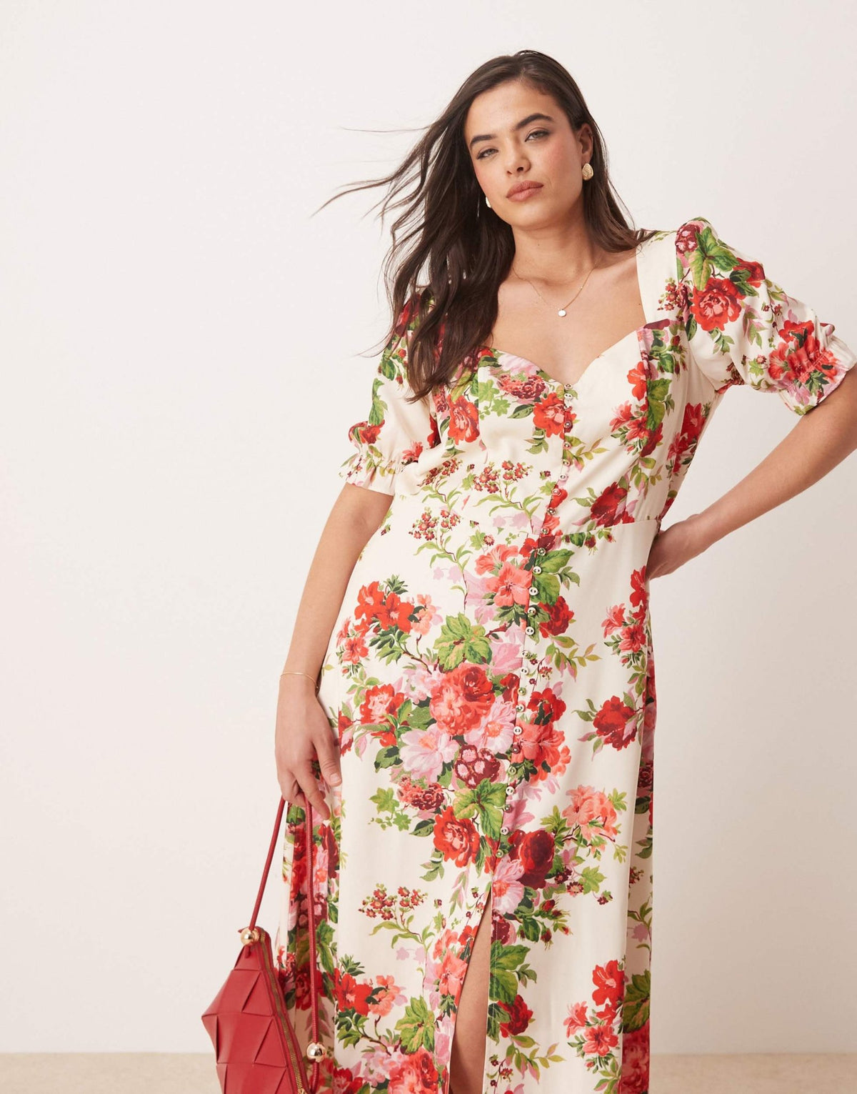Hope & Ivy Plus square neck open back midi dress in white red floral - ASOS Sample Sale