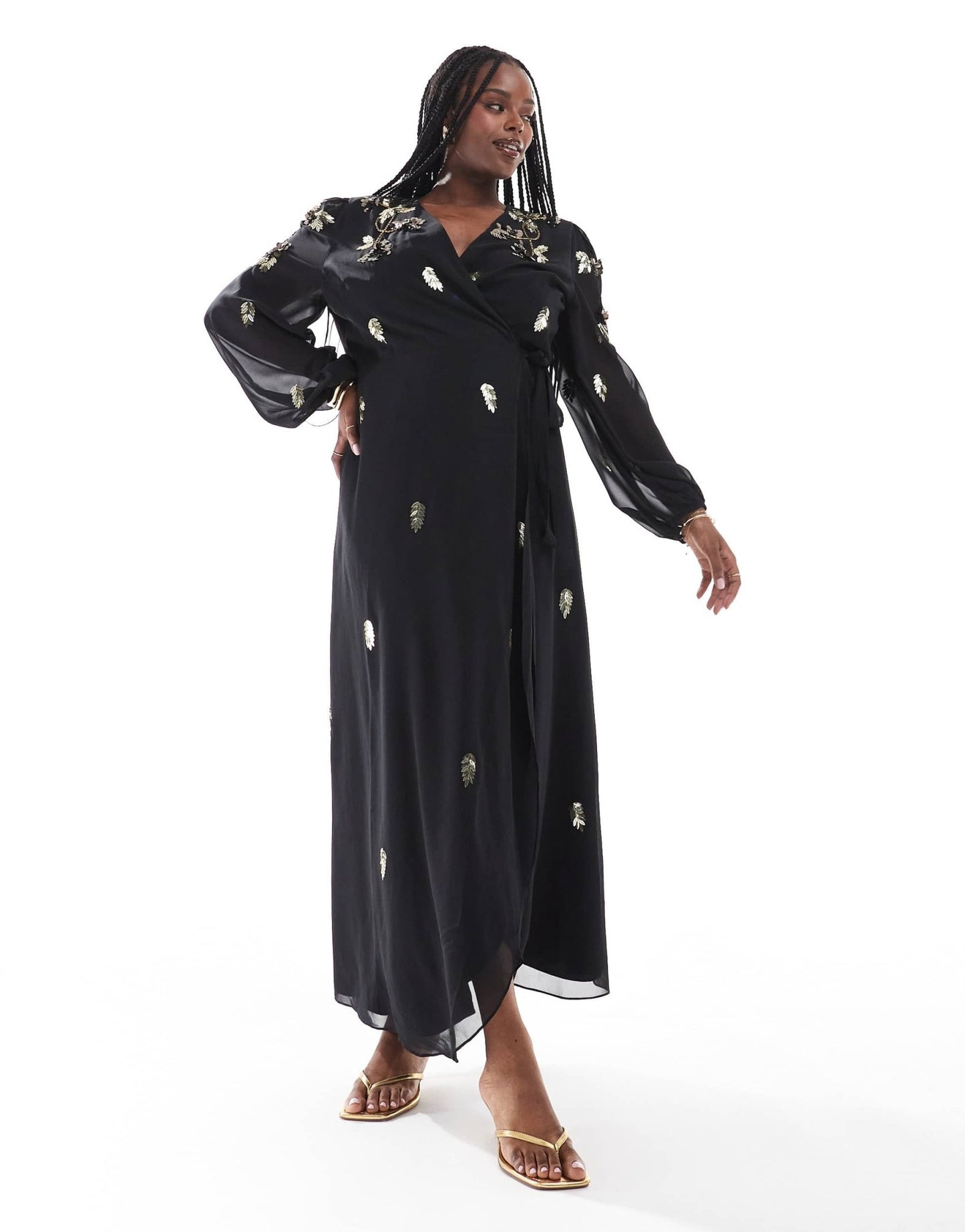 Hope & Ivy Plus wrap front maxi dress with gold embellishment in black - ASOS Sample Sale