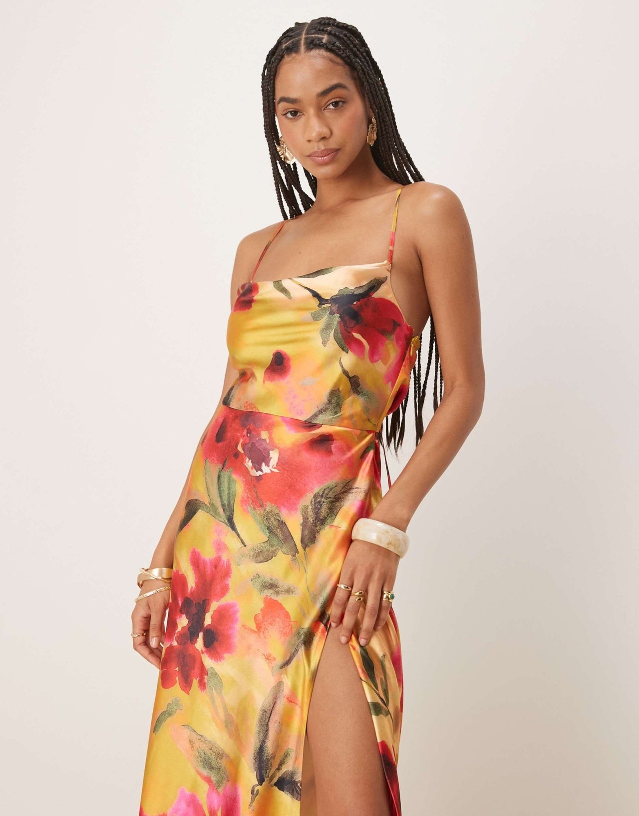 Hope & Ivy satin cross back cami maxi dress in yellow floral - ASOS Sample Sale