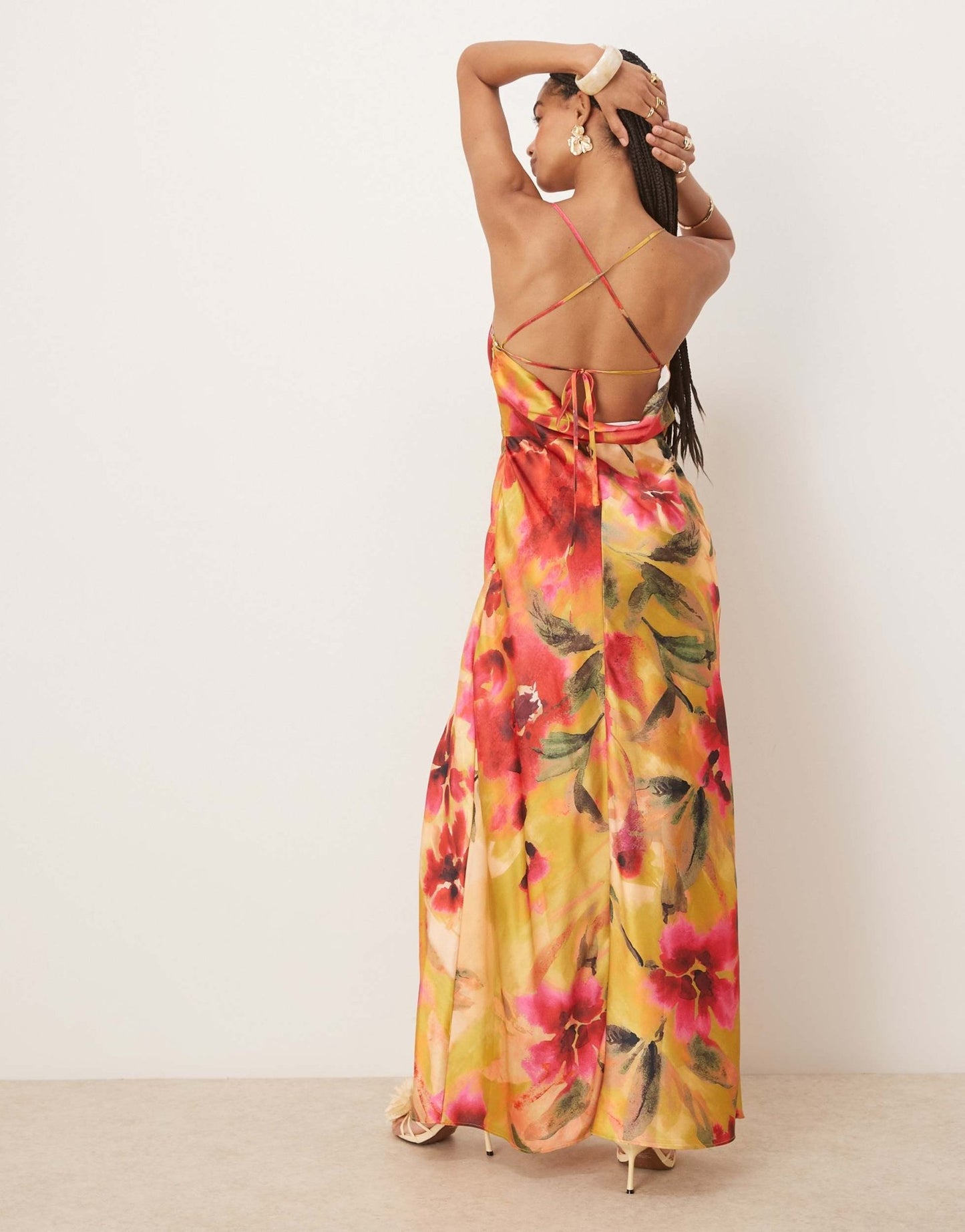 Hope & Ivy satin cross back cami maxi dress in yellow floral - ASOS Sample Sale