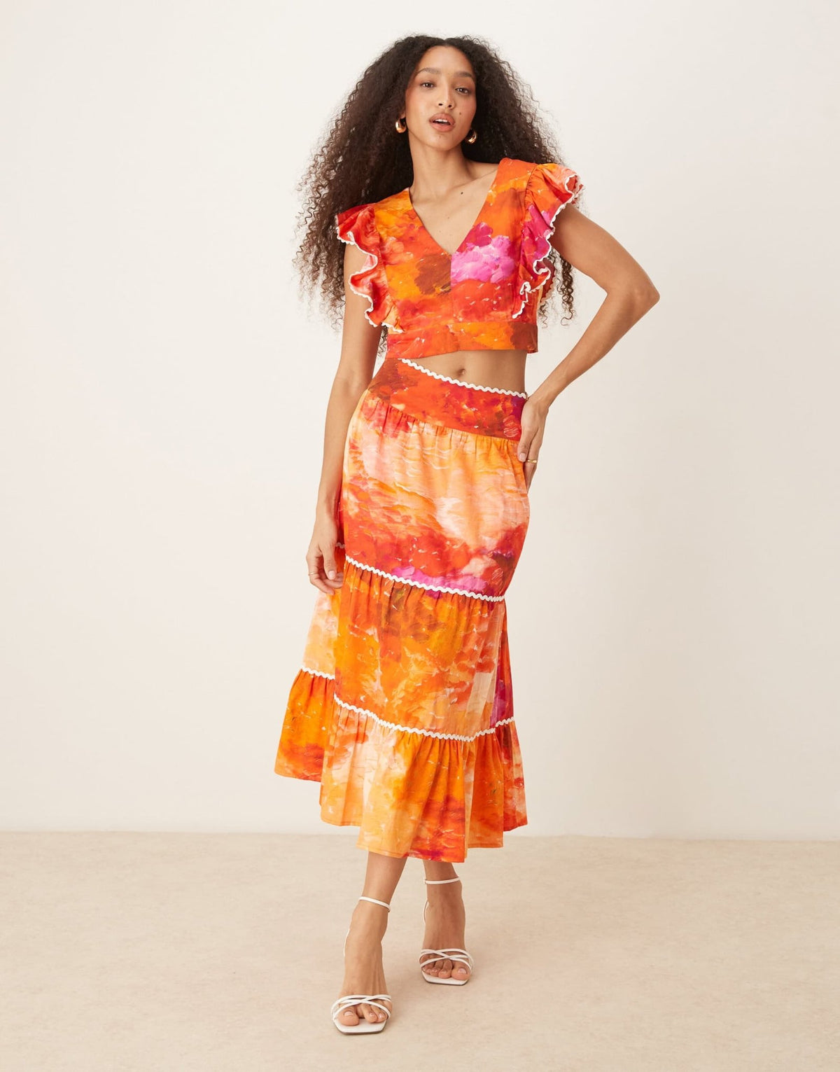 Hope & Ivy scallop trim tiered midi skirt co-ord in orange print - ASOS Sample Sale