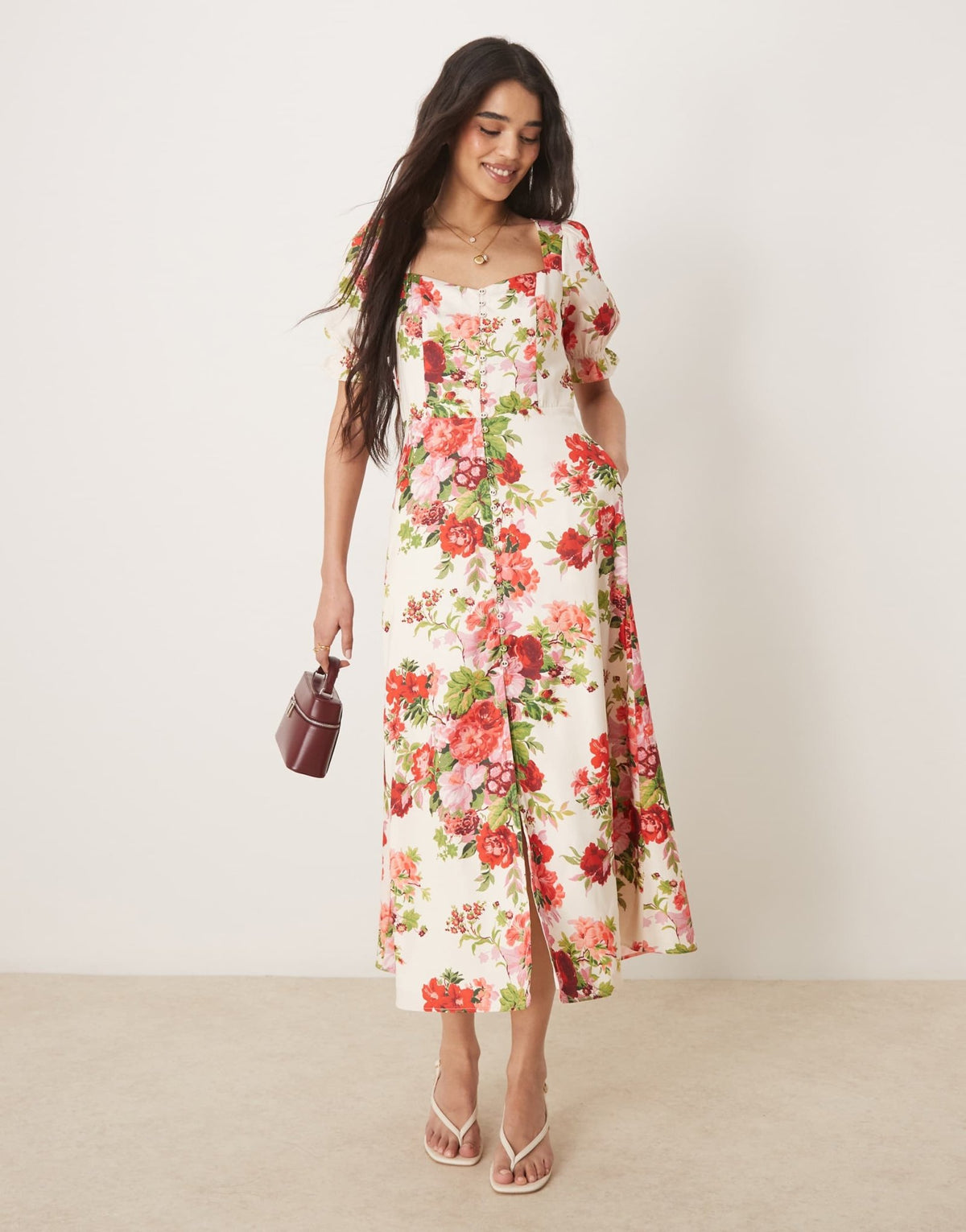 Hope & Ivy square neck open back midi dress in white red floral - ASOS Sample Sale