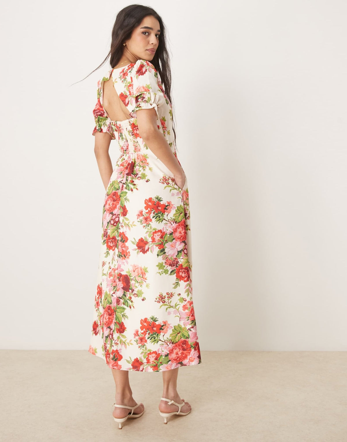 Hope & Ivy square neck open back midi dress in white red floral - ASOS Sample Sale