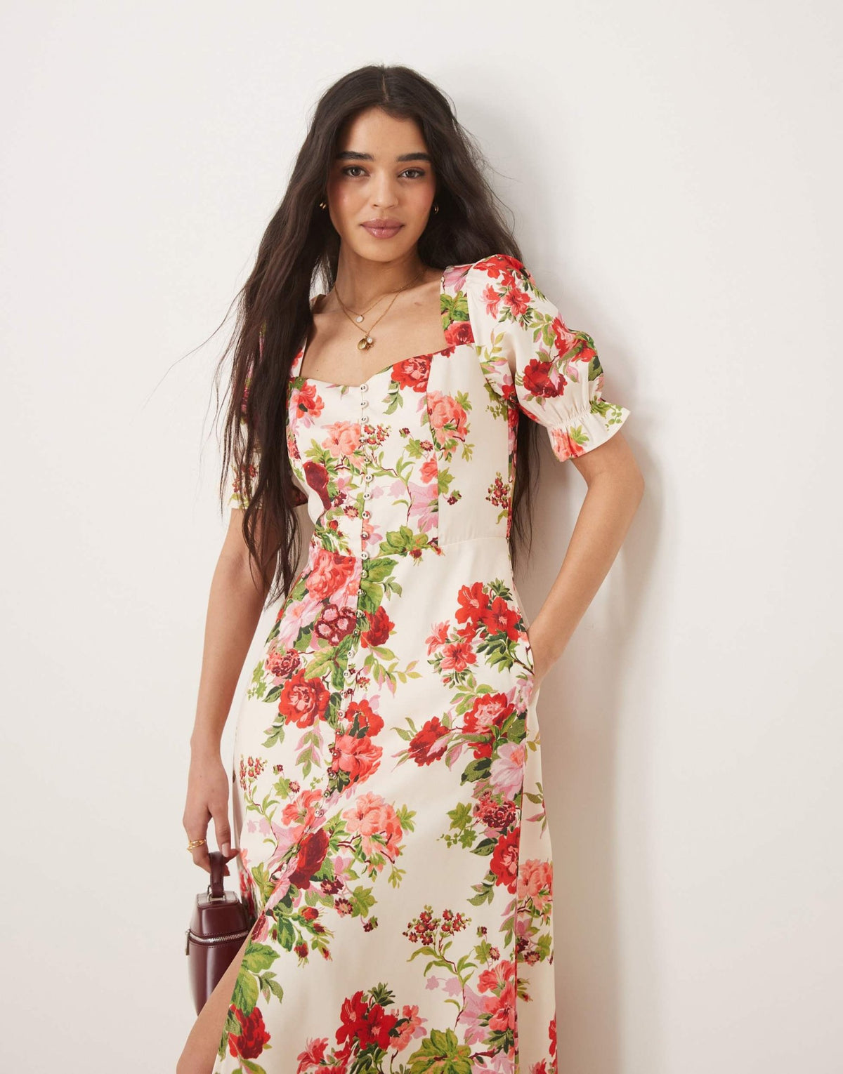 Hope & Ivy square neck open back midi dress in white red floral - ASOS Sample Sale