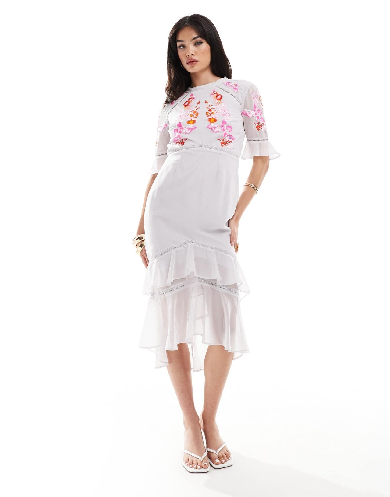 Hope & Ivy tiered midi dress with pephem in grey with red embroidery - ASOS Sample Sale