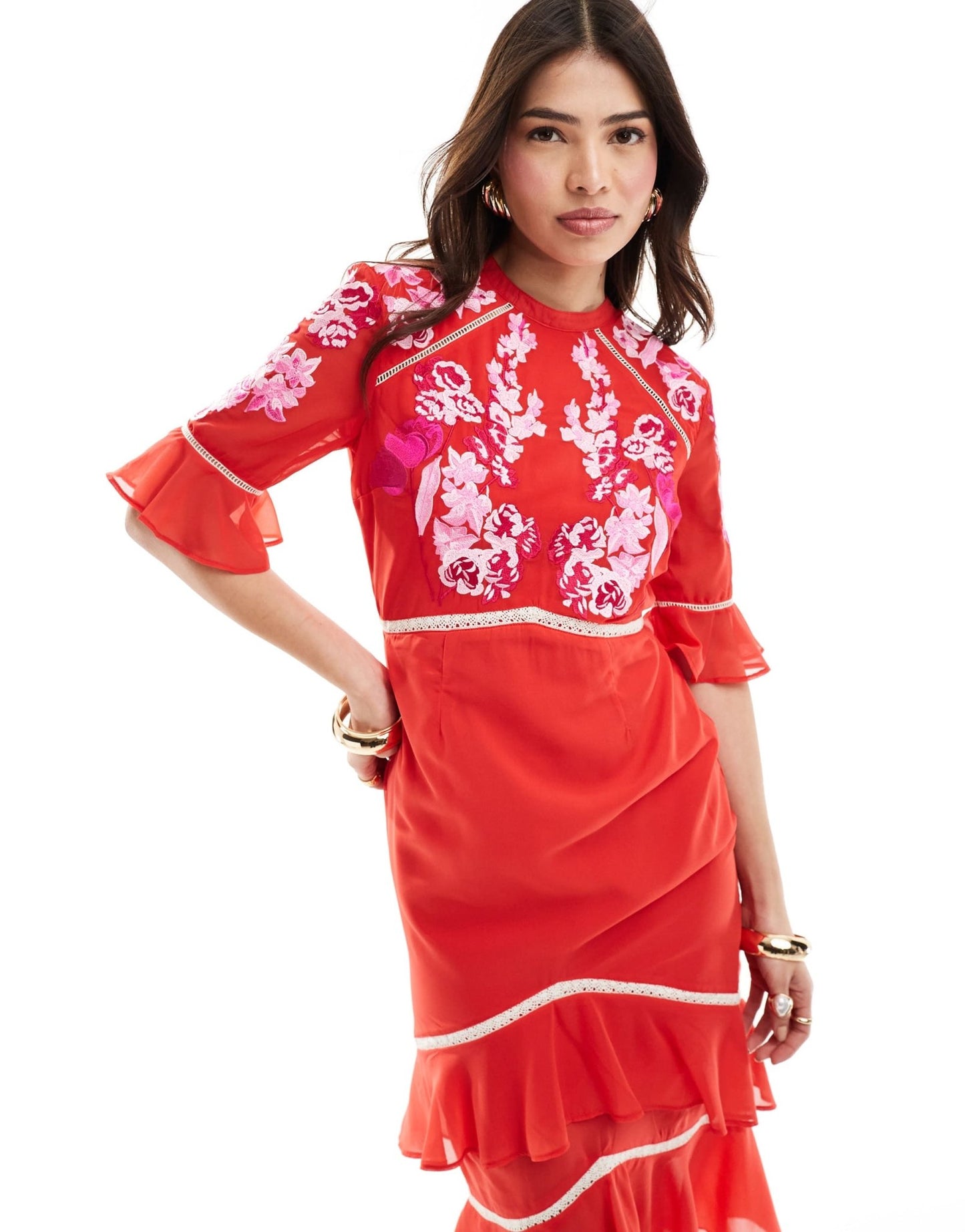 Hope & Ivy tiered midi dress with peplum in red with white embroidery - ASOS Sample Sale