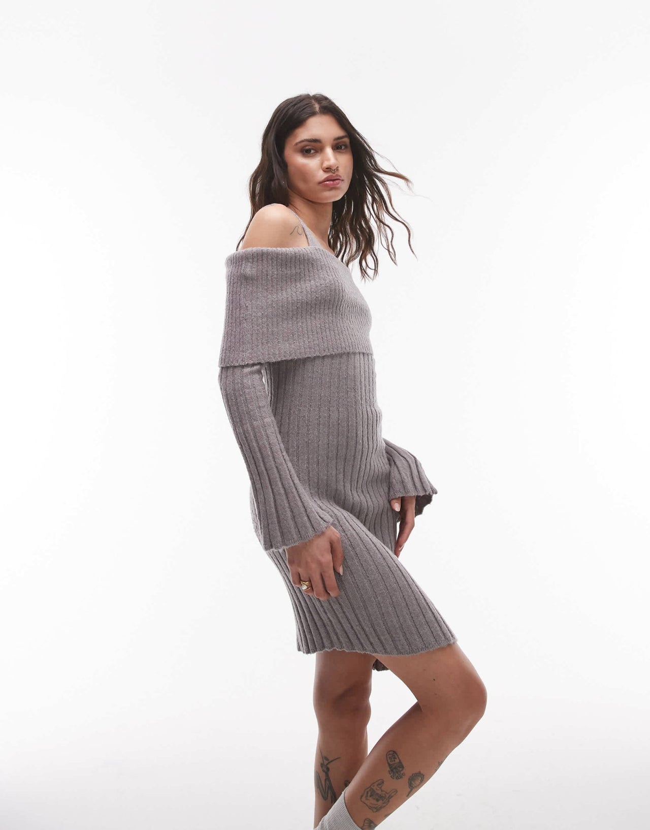 House of Sunny ribbed asymmetric dress in school grey - ASOS Sample Sale