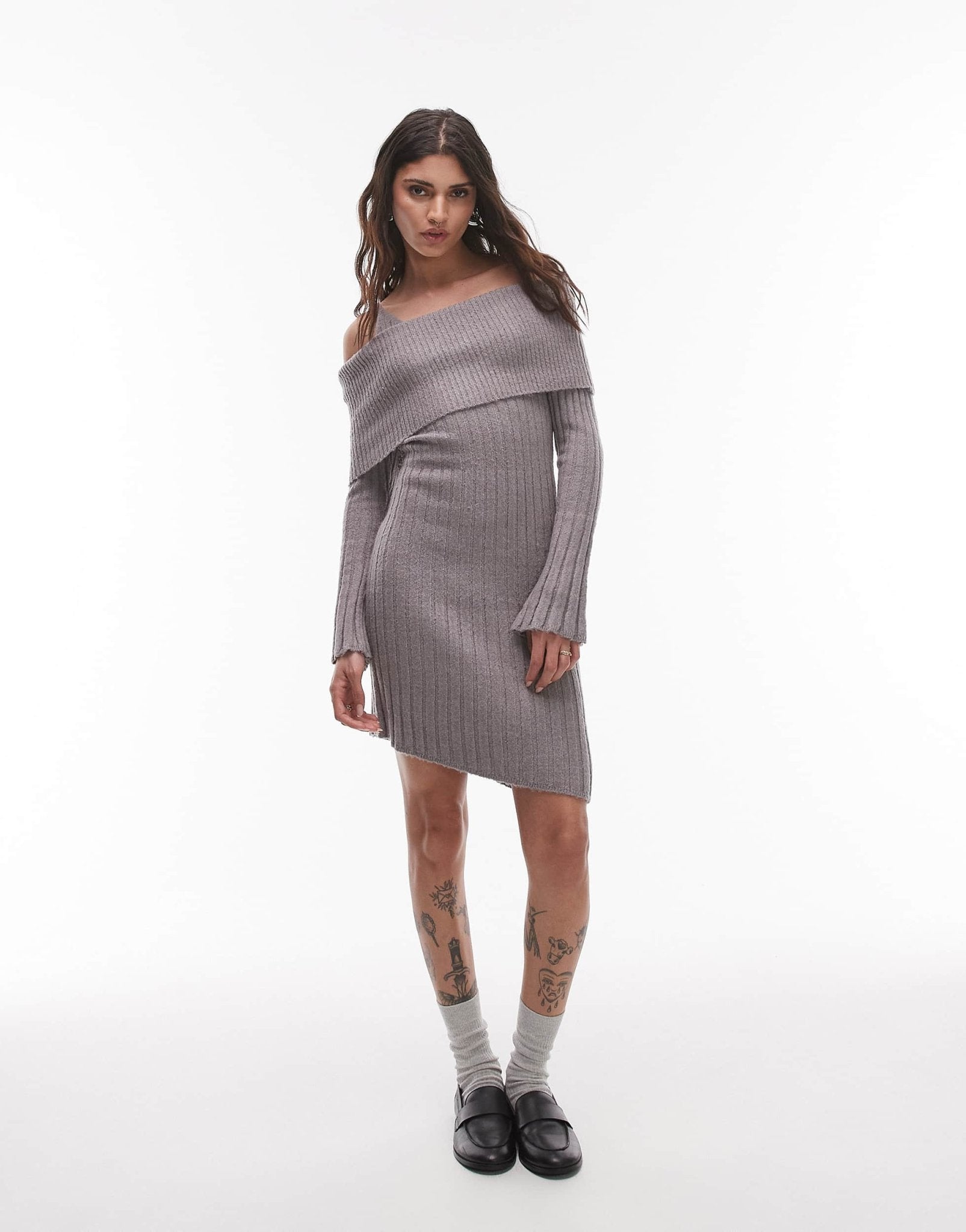 House of Sunny ribbed asymmetric dress in school grey - ASOS Sample Sale