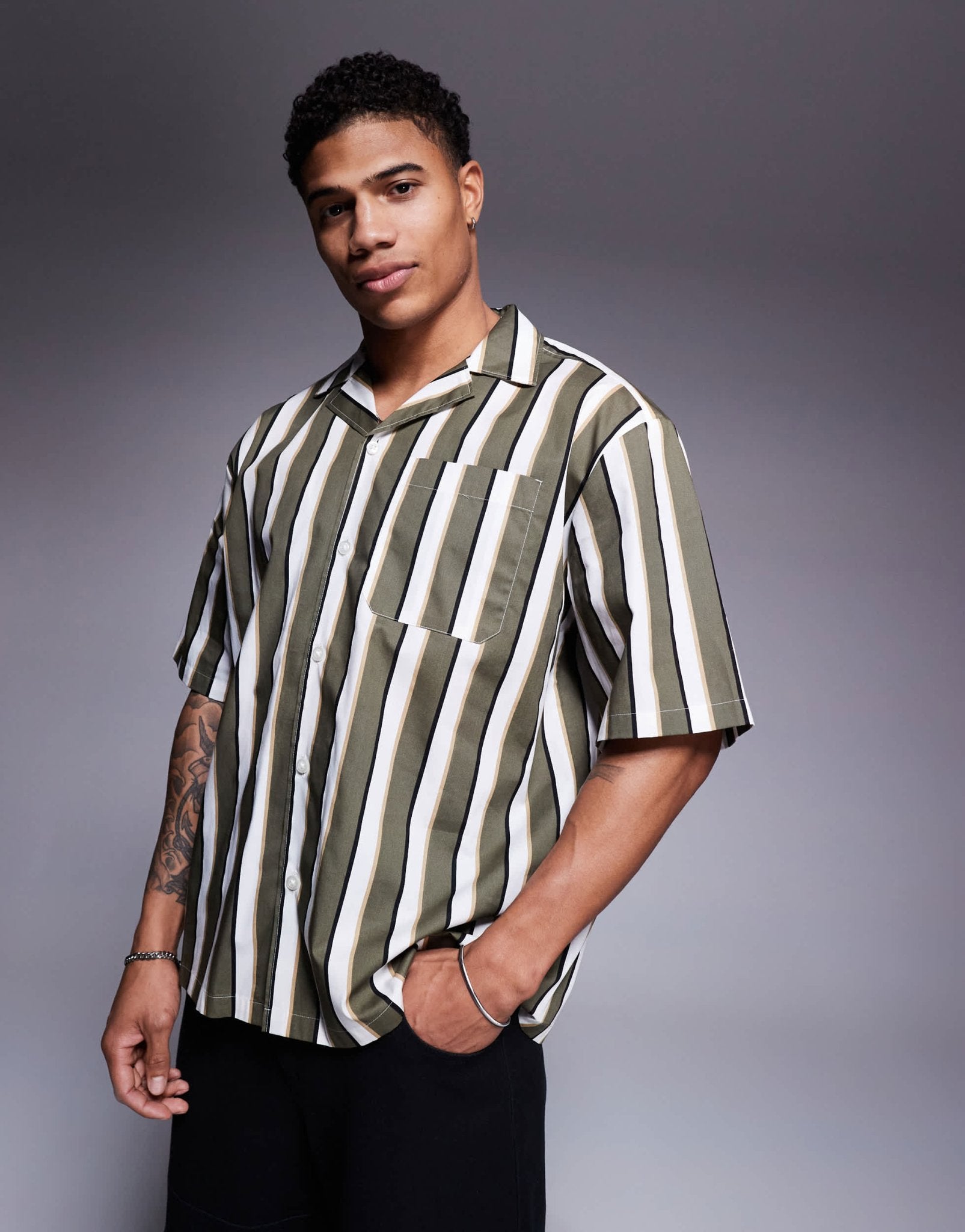 Hugo Blue striped relaxed fit short sleeve shirt in green - ASOS Sample Sale