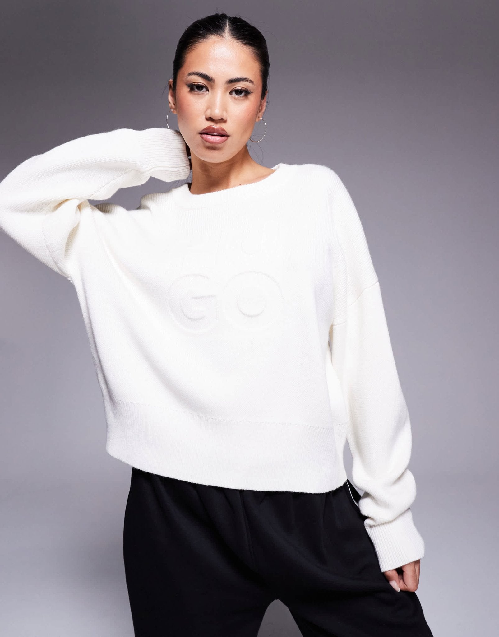HUGO Red sisminye stacked logo jumper in cream - ASOS Sample Sale