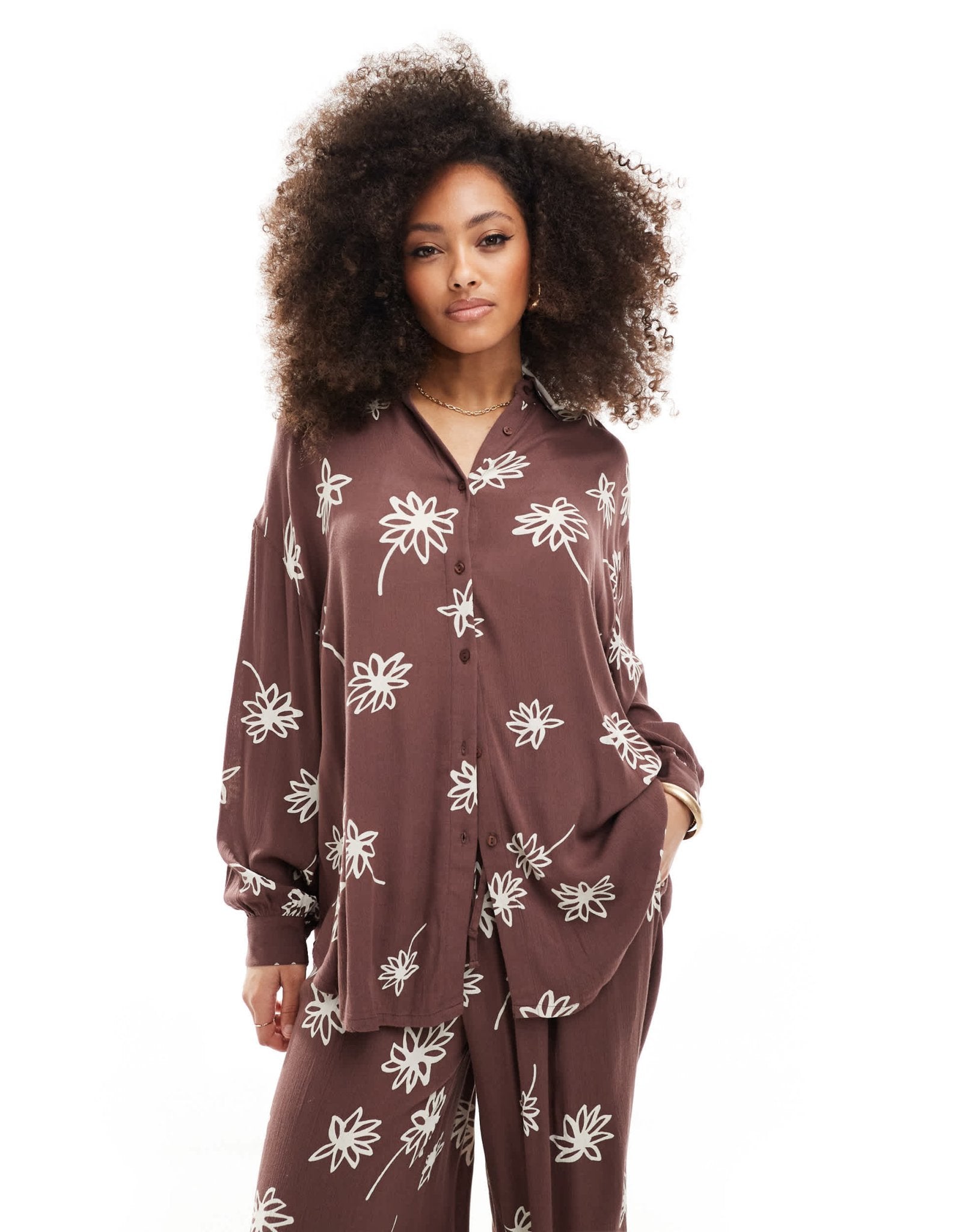 Iisla and Bird flower print long sleeve beach shirt co - ord in brown - ASOS Sample Sale