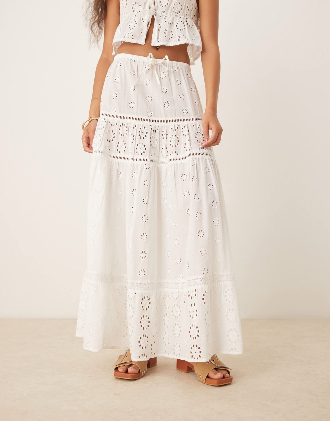 Iisla & Bird broderie maxi tiered beach skirt co-ord in white - ASOS Sample Sale