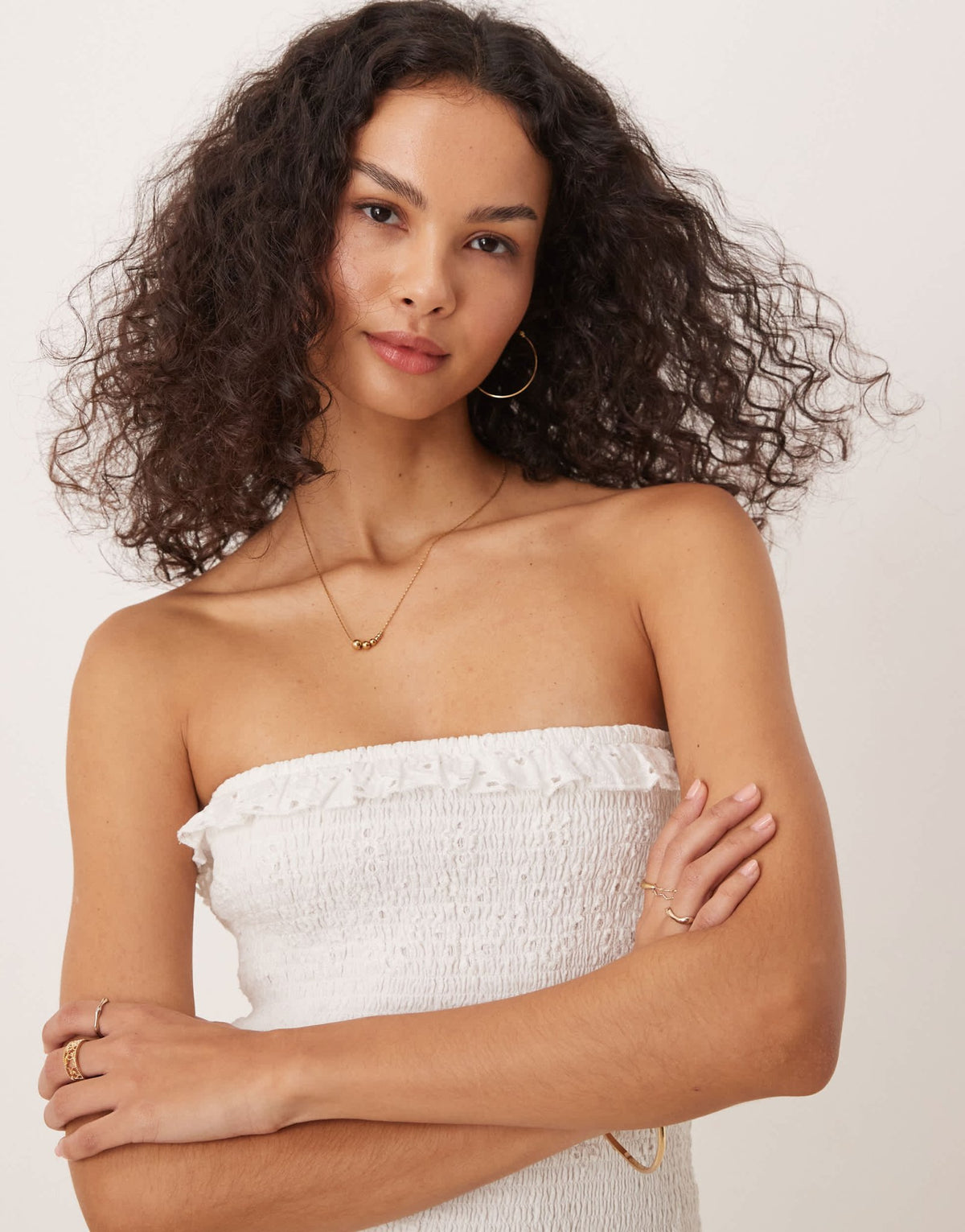 Iisla & Bird broderie ruched bandeau mini beach dress in white - ASOS Sample Sale