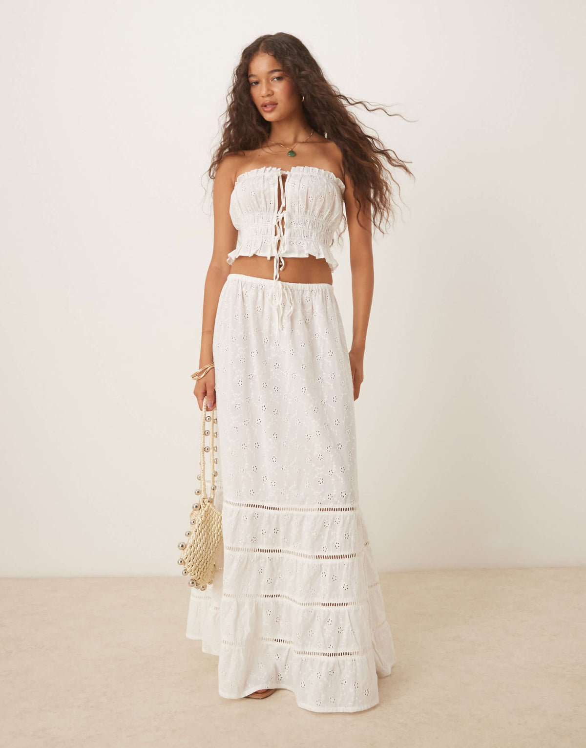 Iisla & Bird broderie tie front bandeu beach top co-ord in white - ASOS Sample Sale