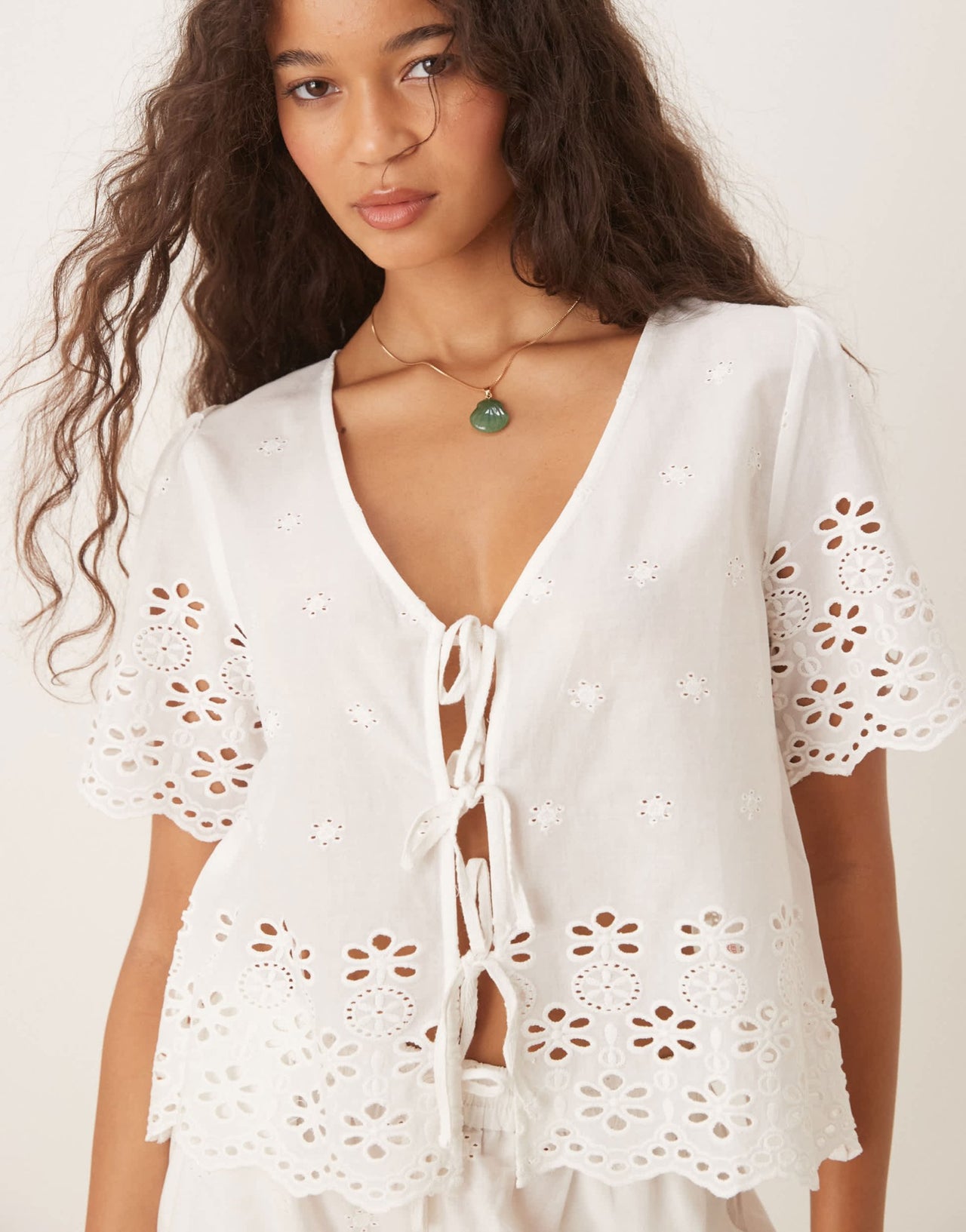 Iisla & Bird broderie tie front short sleeve beach shirt co-ord in white - ASOS Sample Sale