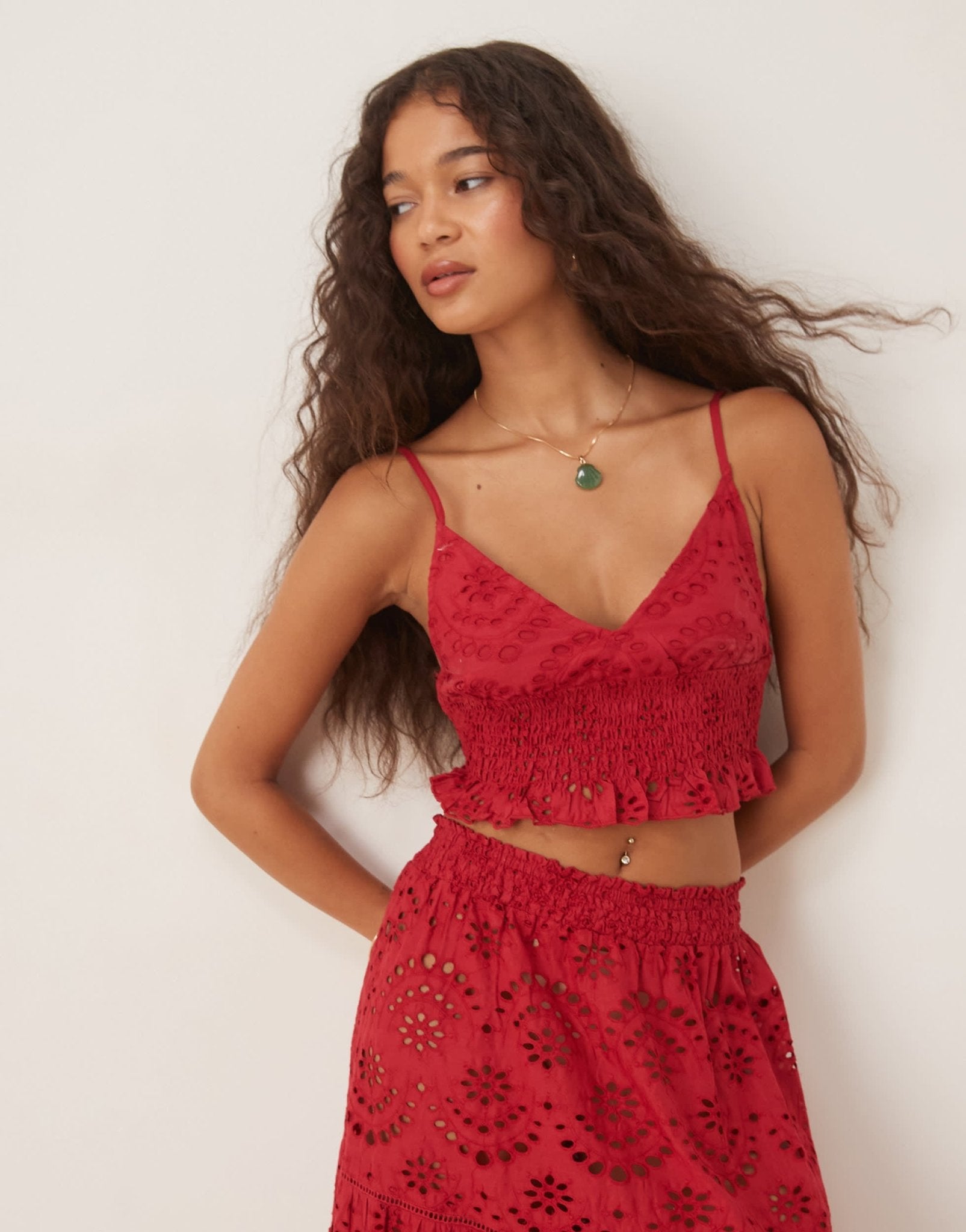 Iisla & Bird broderie v neck ruch beach top co-ord in cherry red - ASOS Sample Sale