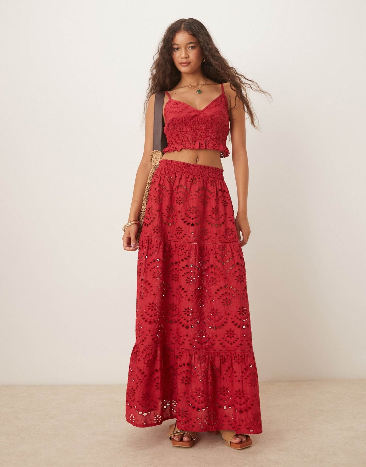 Iisla & Bird broderie v neck ruch beach top co-ord in cherry red - ASOS Sample Sale