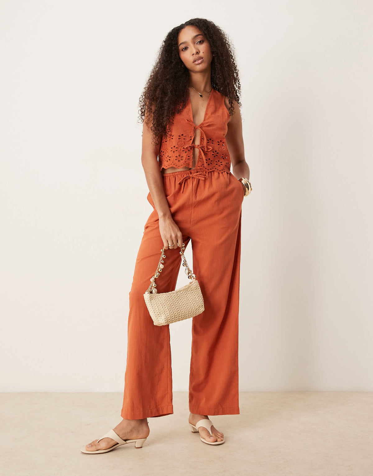 Iisla & Bird ruffle front beach trouser co-ord in rust - ASOS Sample Sale