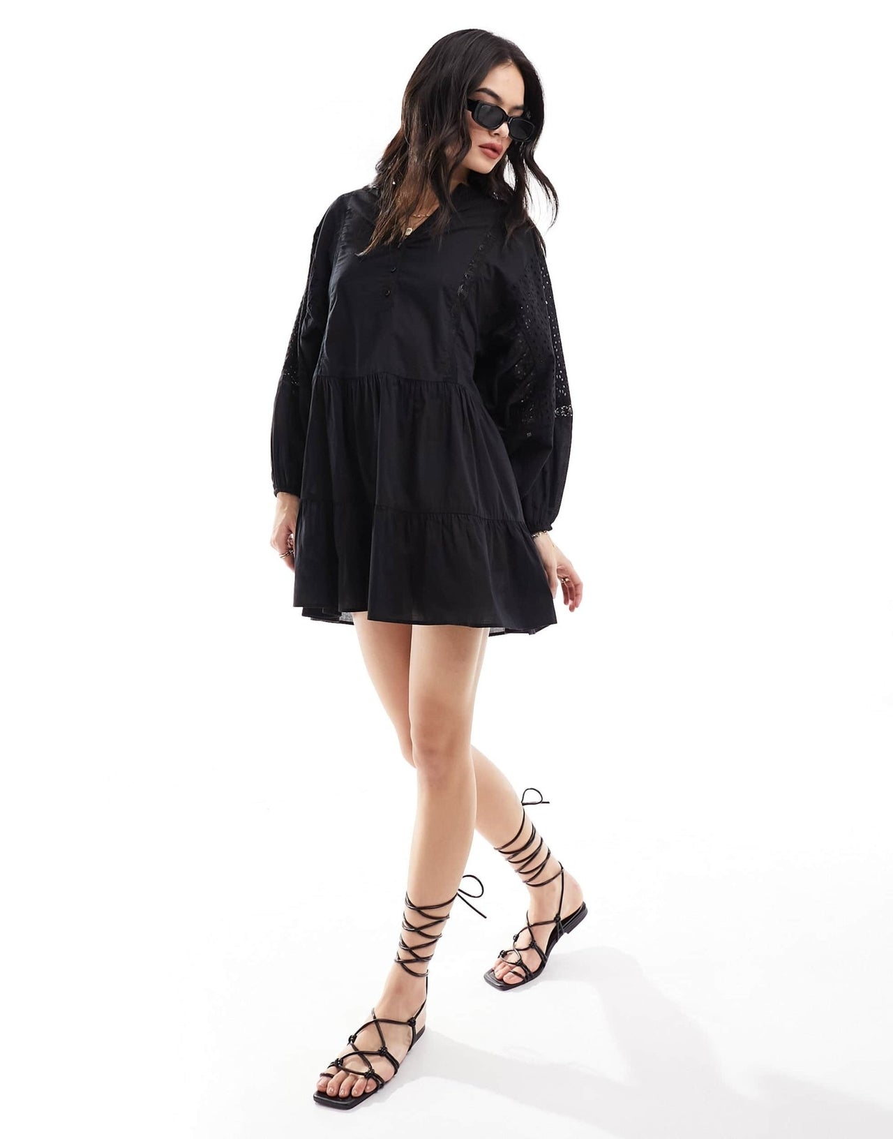 IIsla & Bird volume broiderie mini beach summer dress in black - ASOS Sample Sale