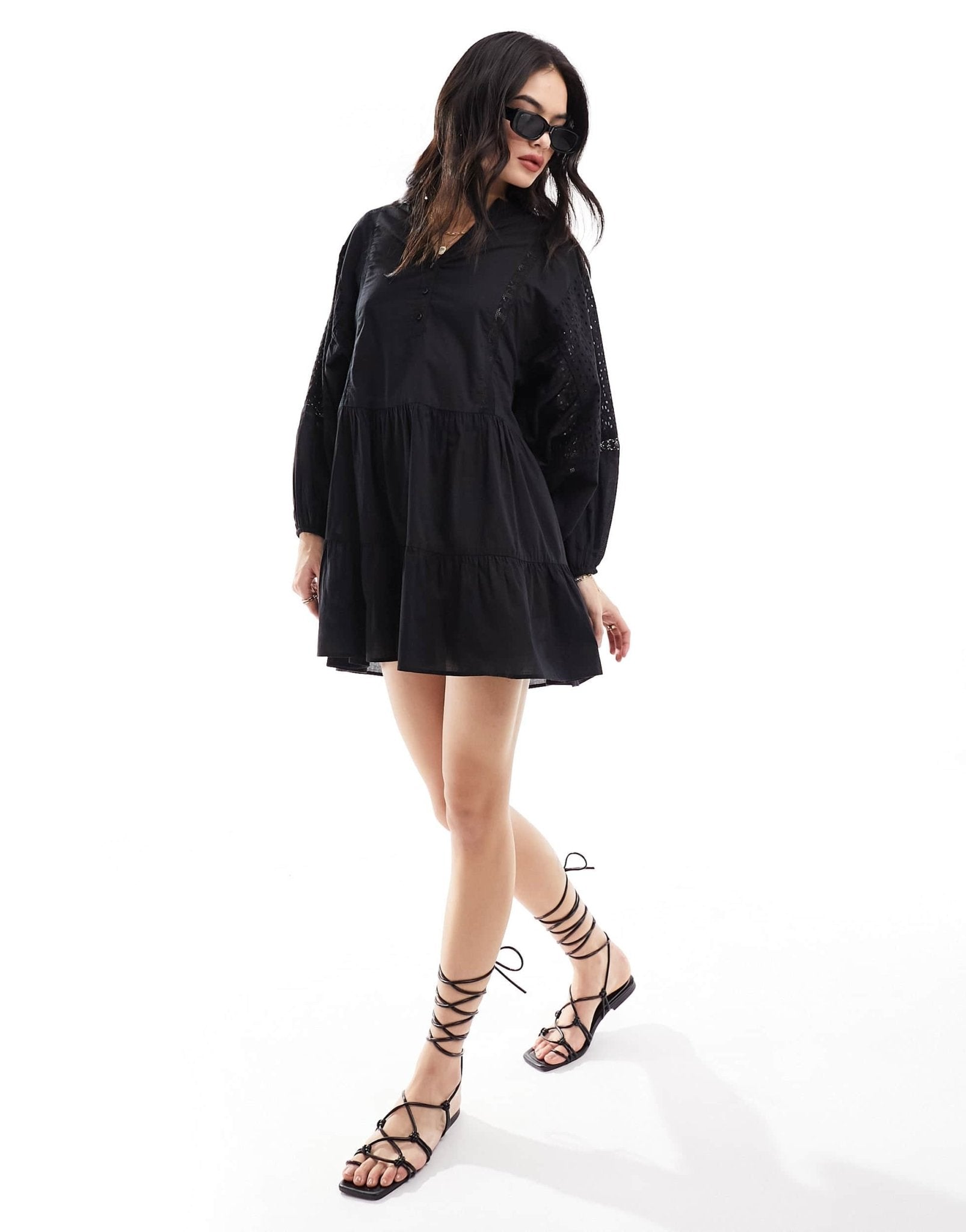 IIsla & Bird volume broiderie mini beach summer dress in black - ASOS Sample Sale